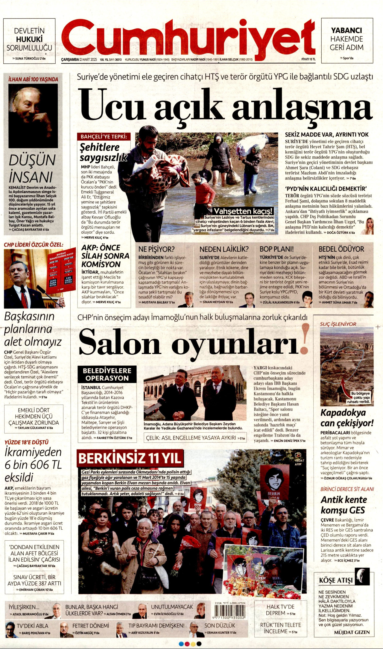 CUMHURİYET gazetesinin 12 Mart 2025 tarihli birinci sayfası