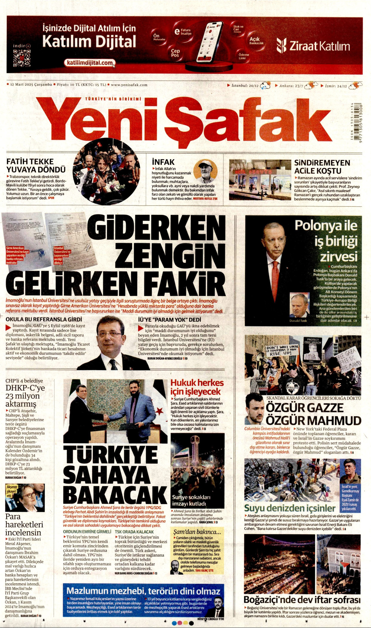 YENİ ŞAFAK gazetesinin 12 Mart 2025 tarihli birinci sayfası