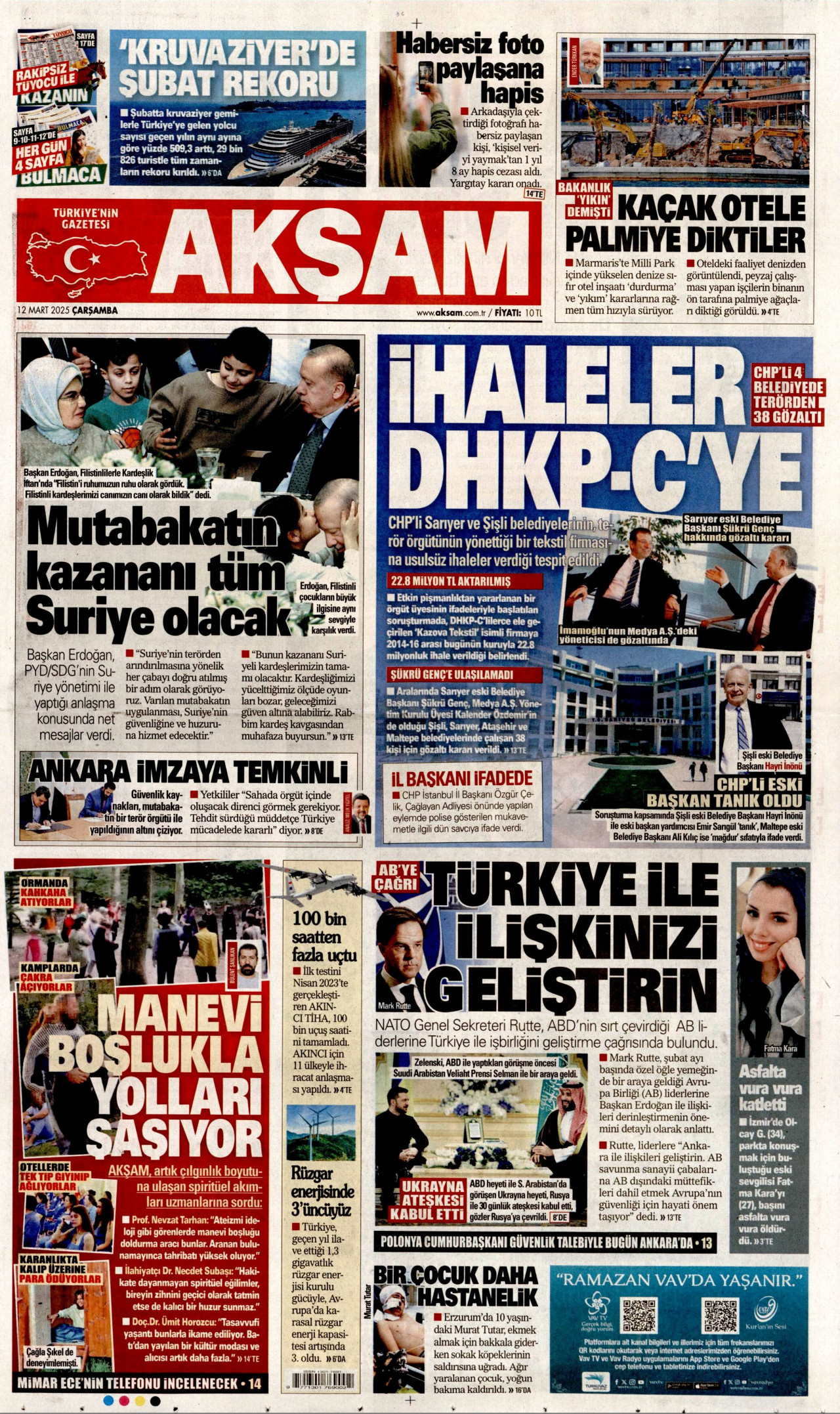 AKŞAM gazetesinin 12 Mart 2025 tarihli birinci sayfası