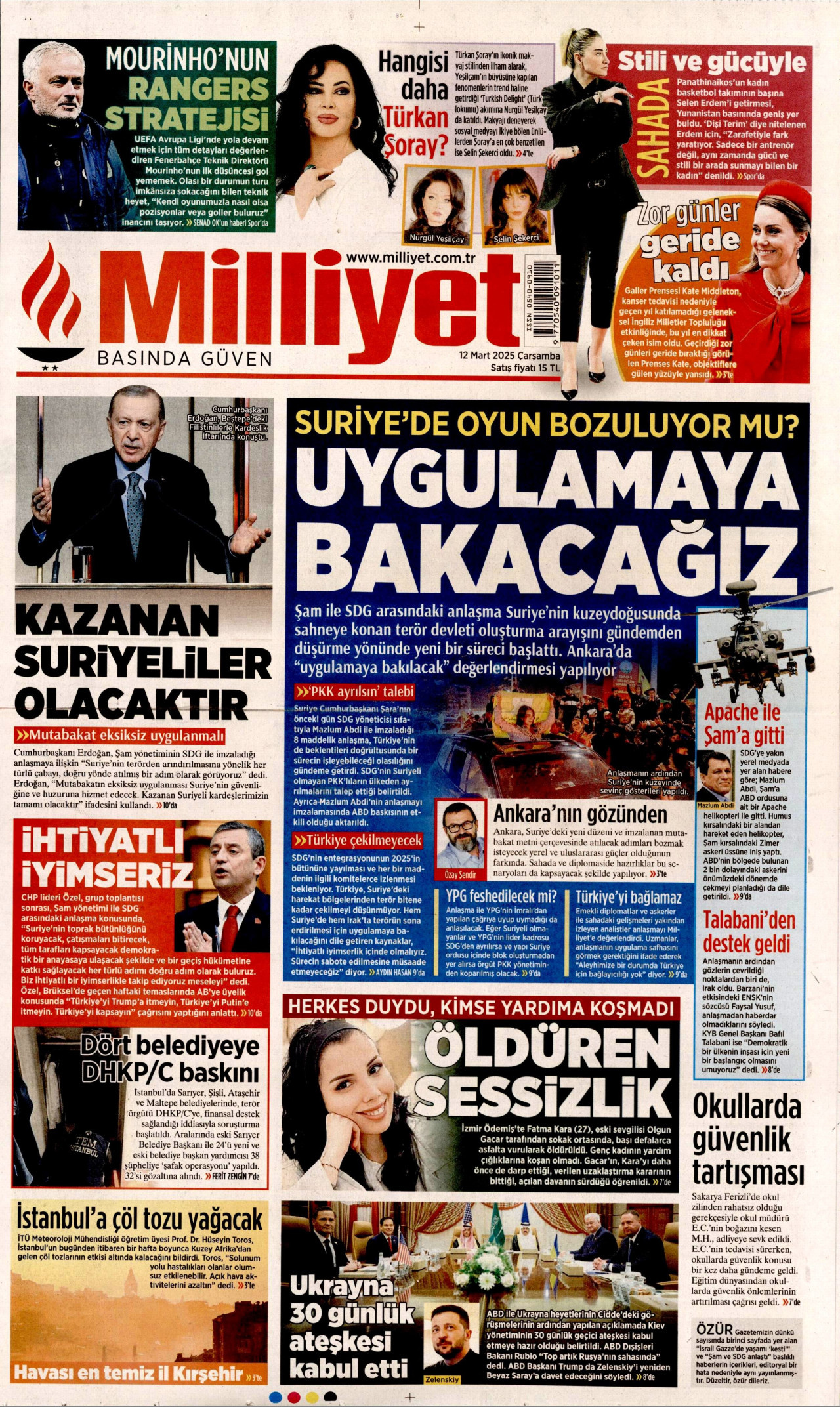 MİLLİYET gazetesinin 12 Mart 2025 tarihli birinci sayfası