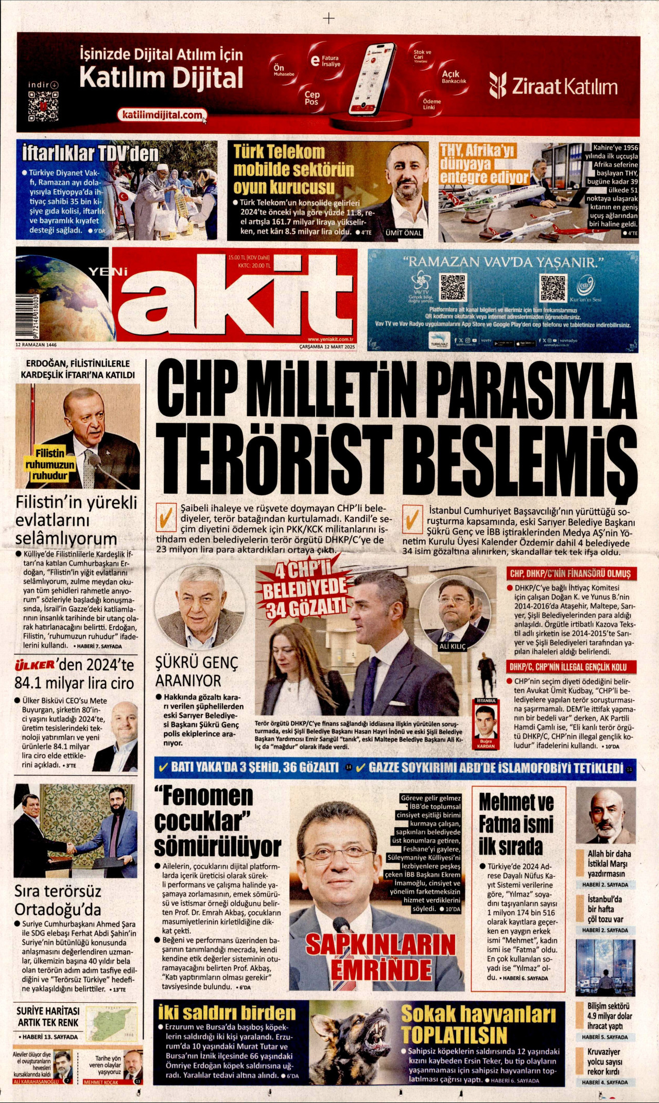 YENİ AKİT gazetesinin 12 Mart 2025 tarihli birinci sayfası