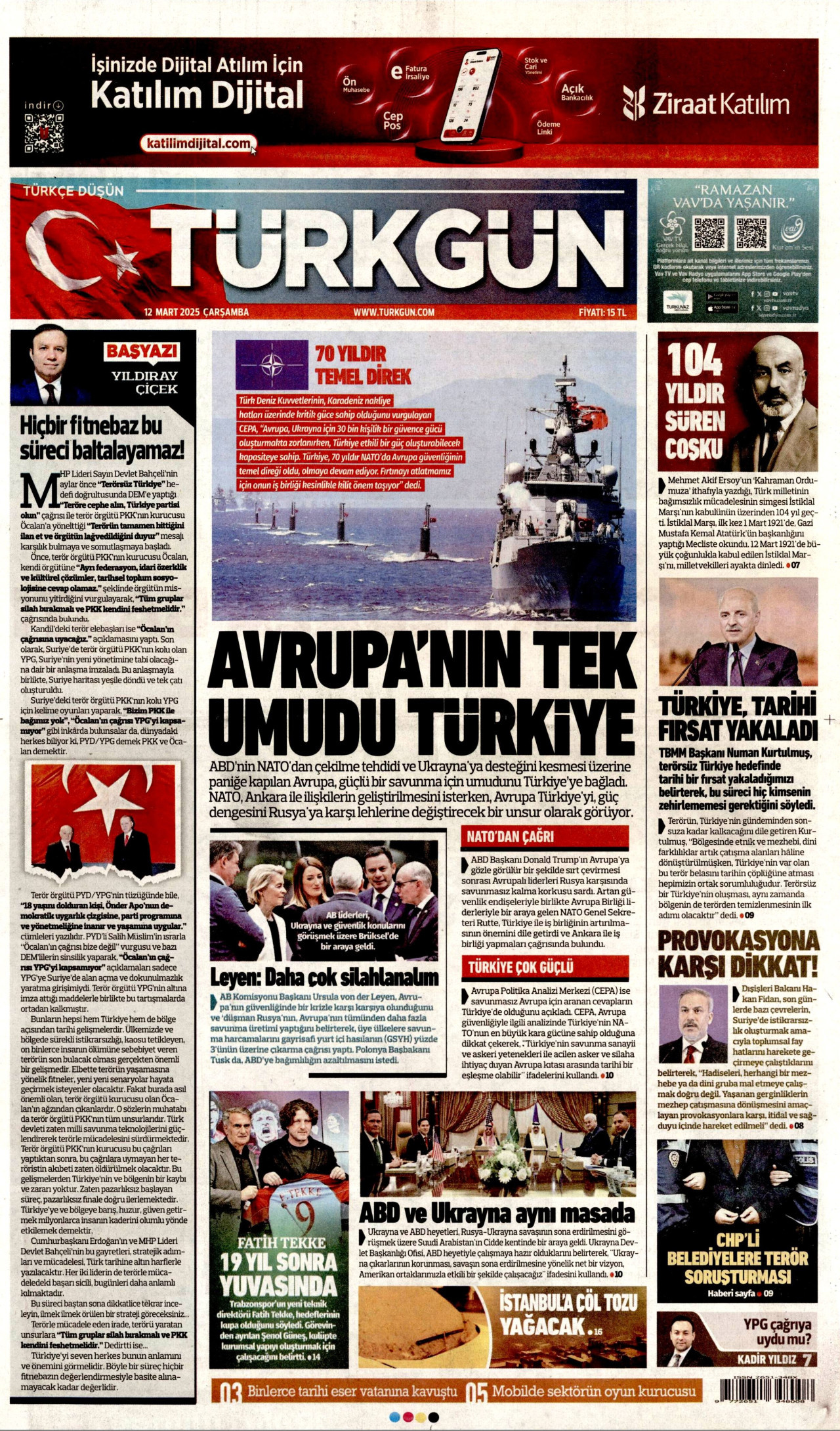 TÜRKGÜN gazetesinin 12 Mart 2025 tarihli birinci sayfası