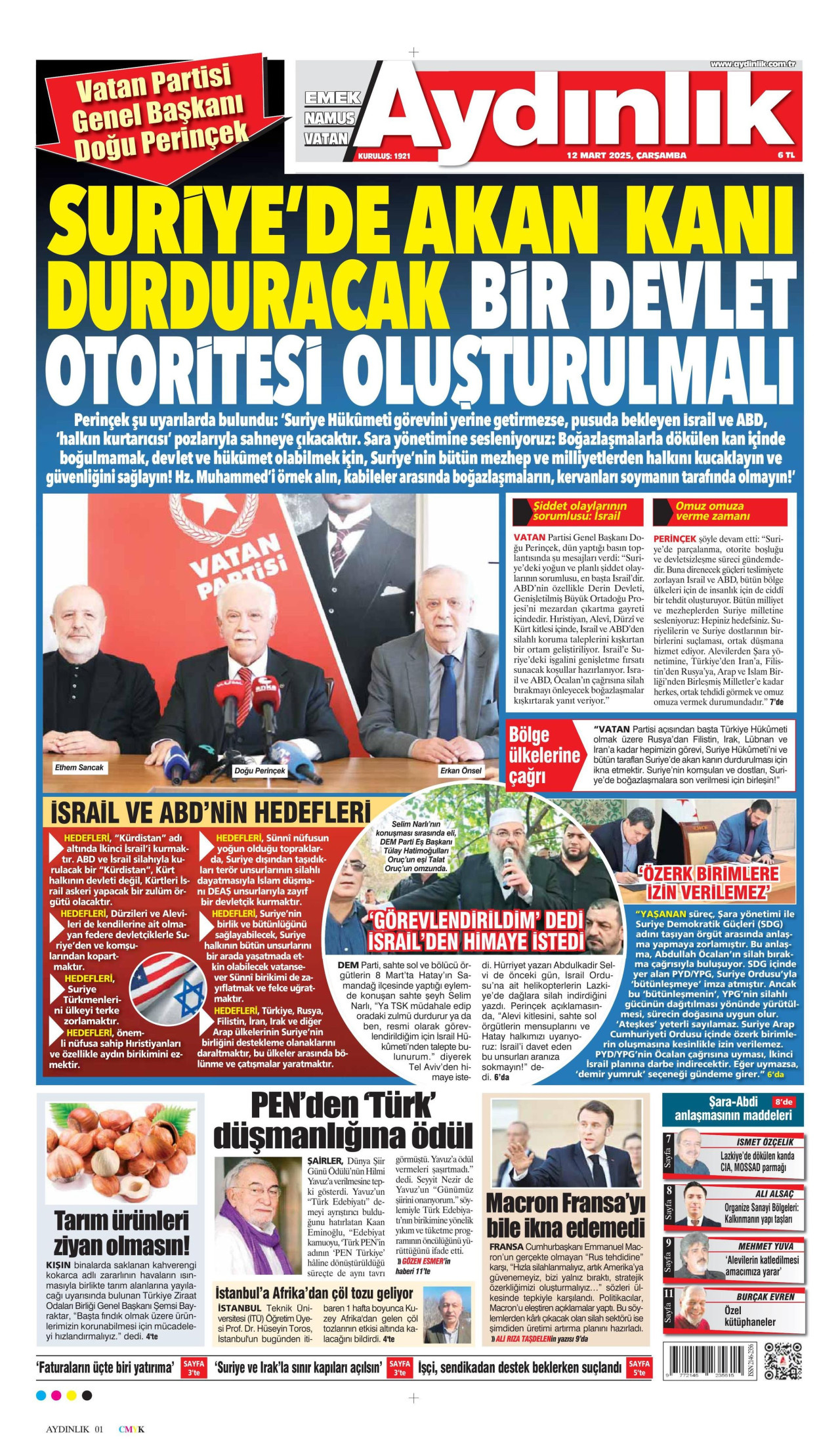 AYDINLIK GAZETESİ gazetesinin 12 Mart 2025 tarihli birinci sayfası