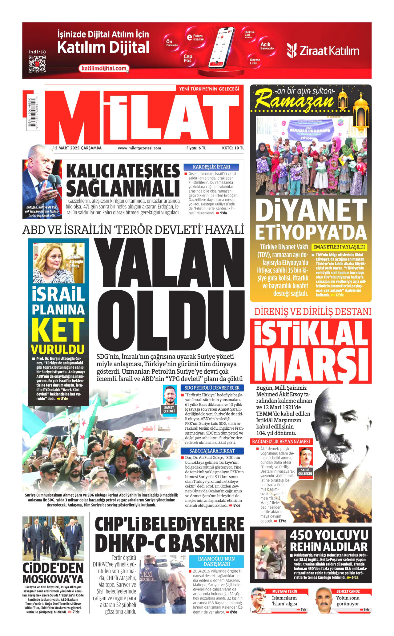 MİLAT gazetesinin 12 Mart 2025 tarihli birinci sayfası
