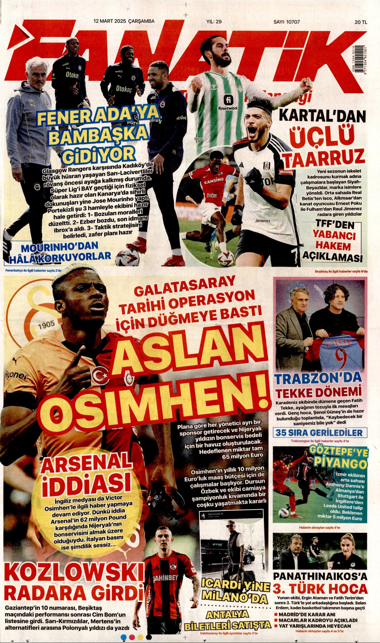 FANATİK gazetesinin 12 Mart 2025 tarihli birinci sayfası