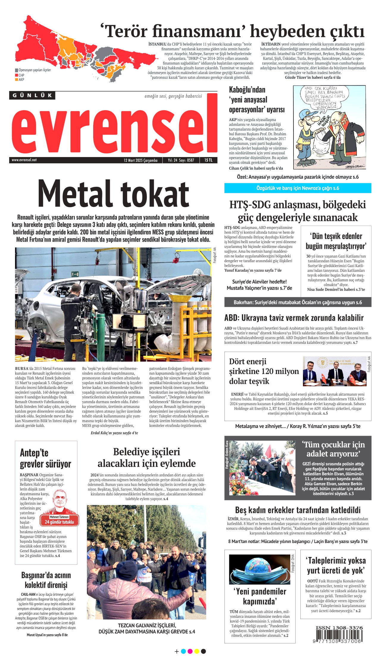 EVRENSEL gazetesinin 12 Mart 2025 tarihli birinci sayfası