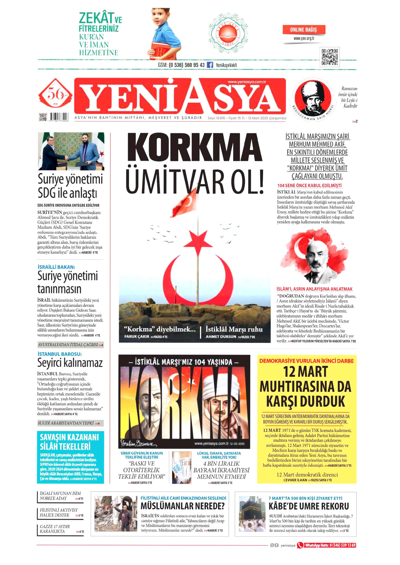 YENİ ASYA gazetesinin 12 Mart 2025 tarihli birinci sayfası