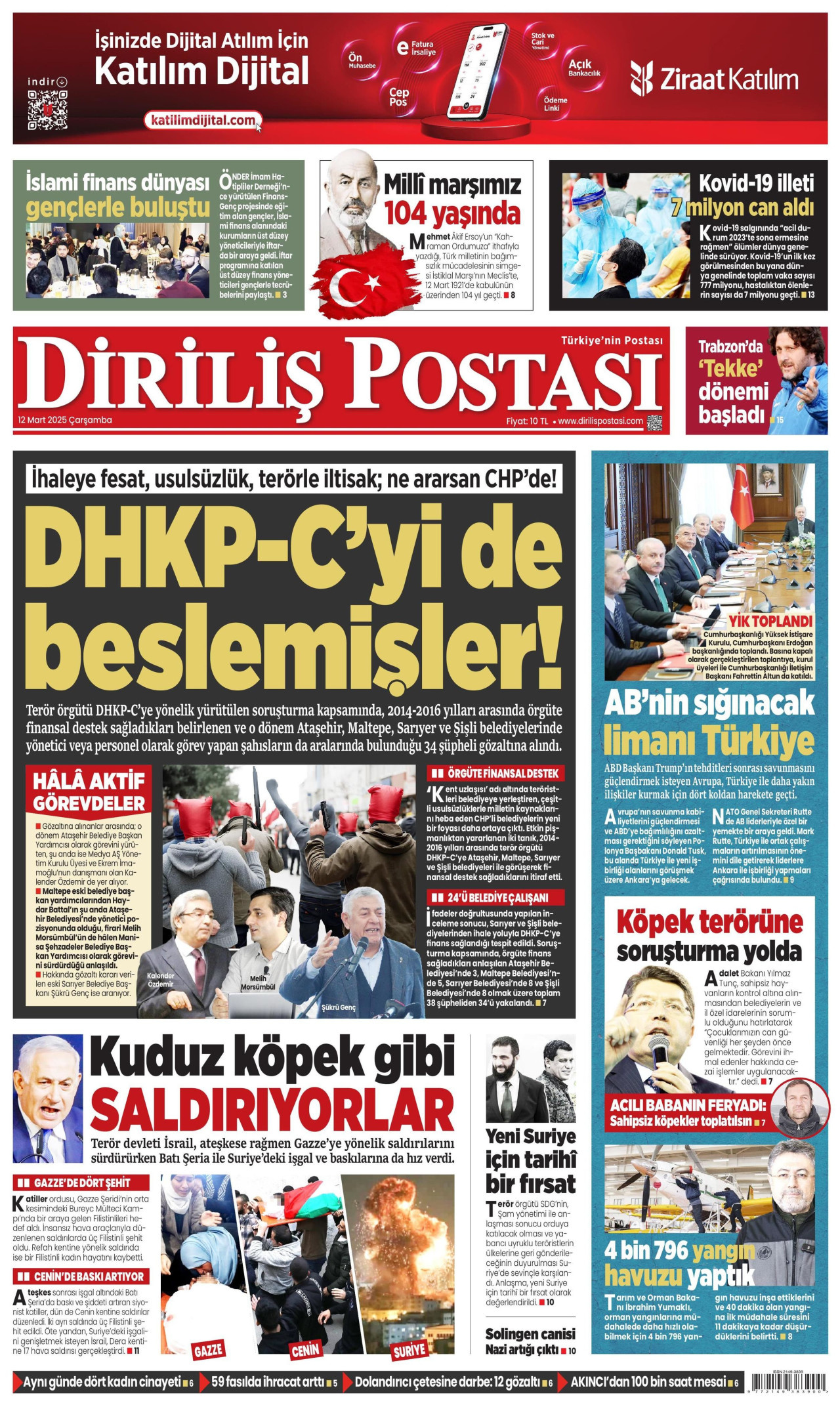 DİRİLİŞ POSTASI gazetesinin 12 Mart 2025 tarihli birinci sayfası