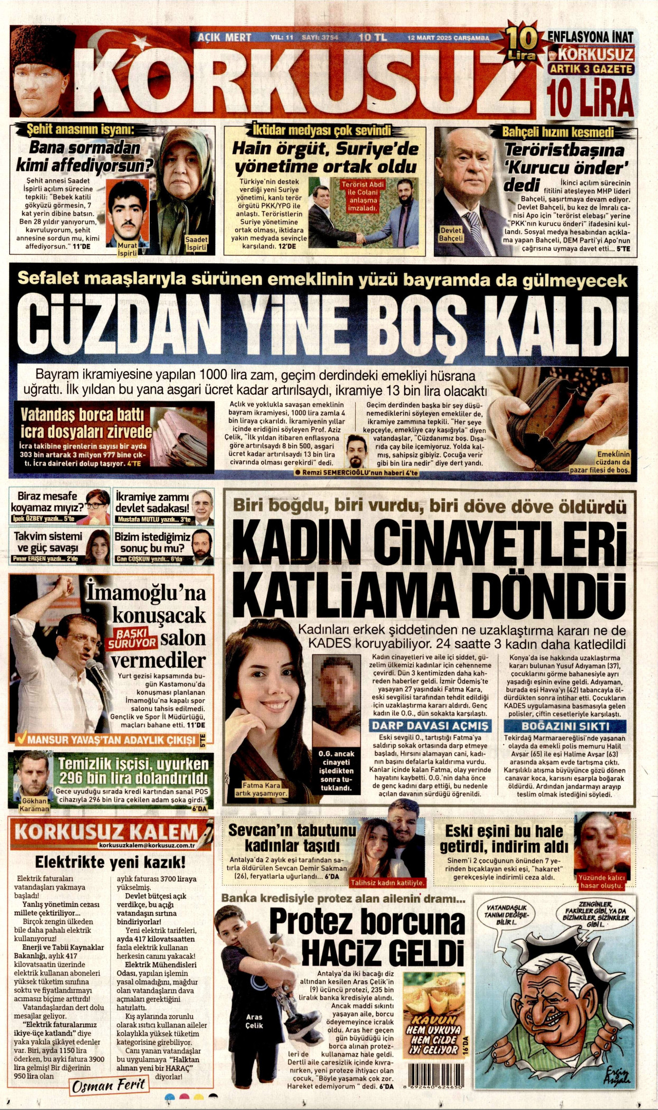 KORKUSUZ gazetesinin 12 Mart 2025 tarihli birinci sayfası