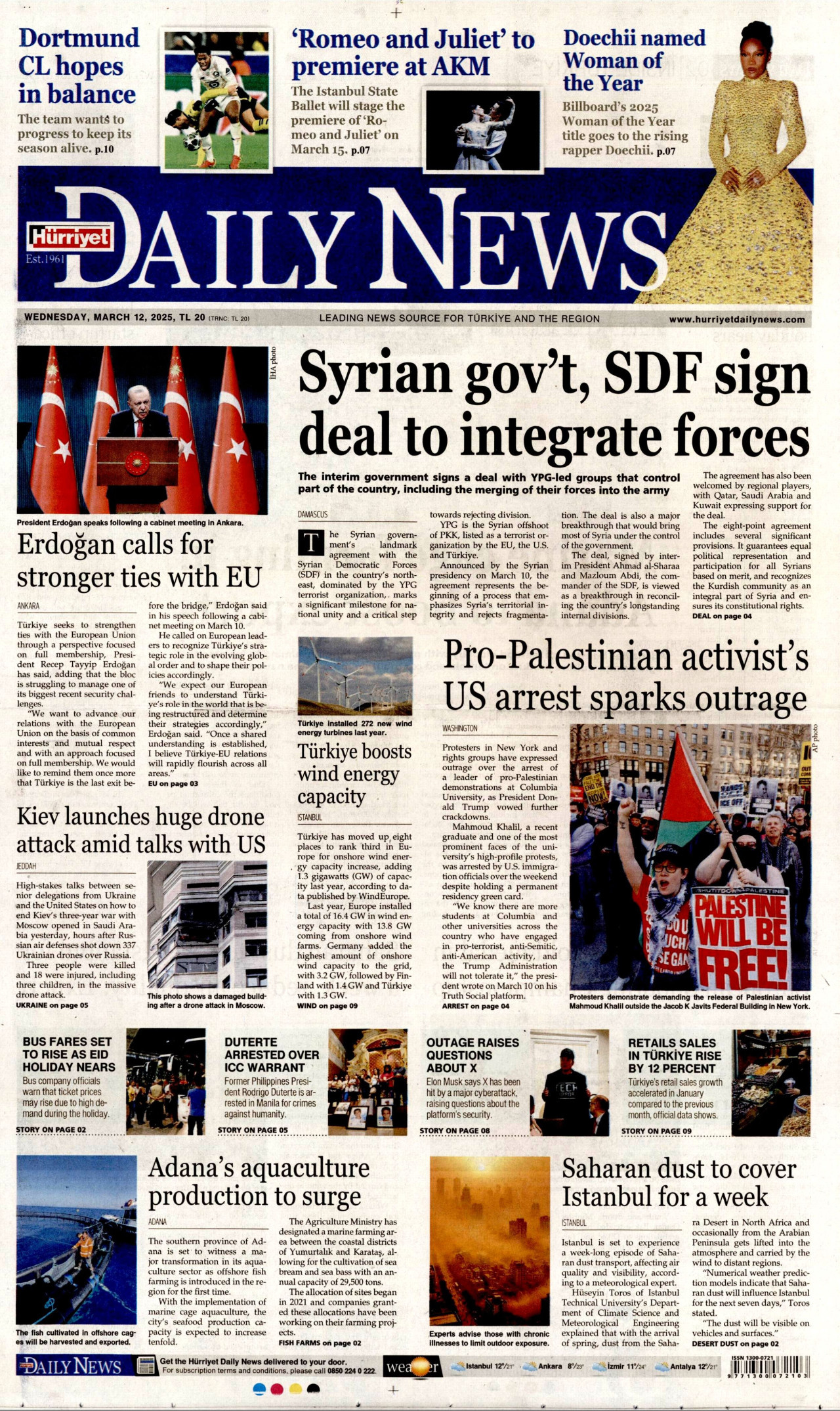 HÜRRİYET DAİLY NEWS gazetesinin 12 Mart 2025 tarihli birinci sayfası