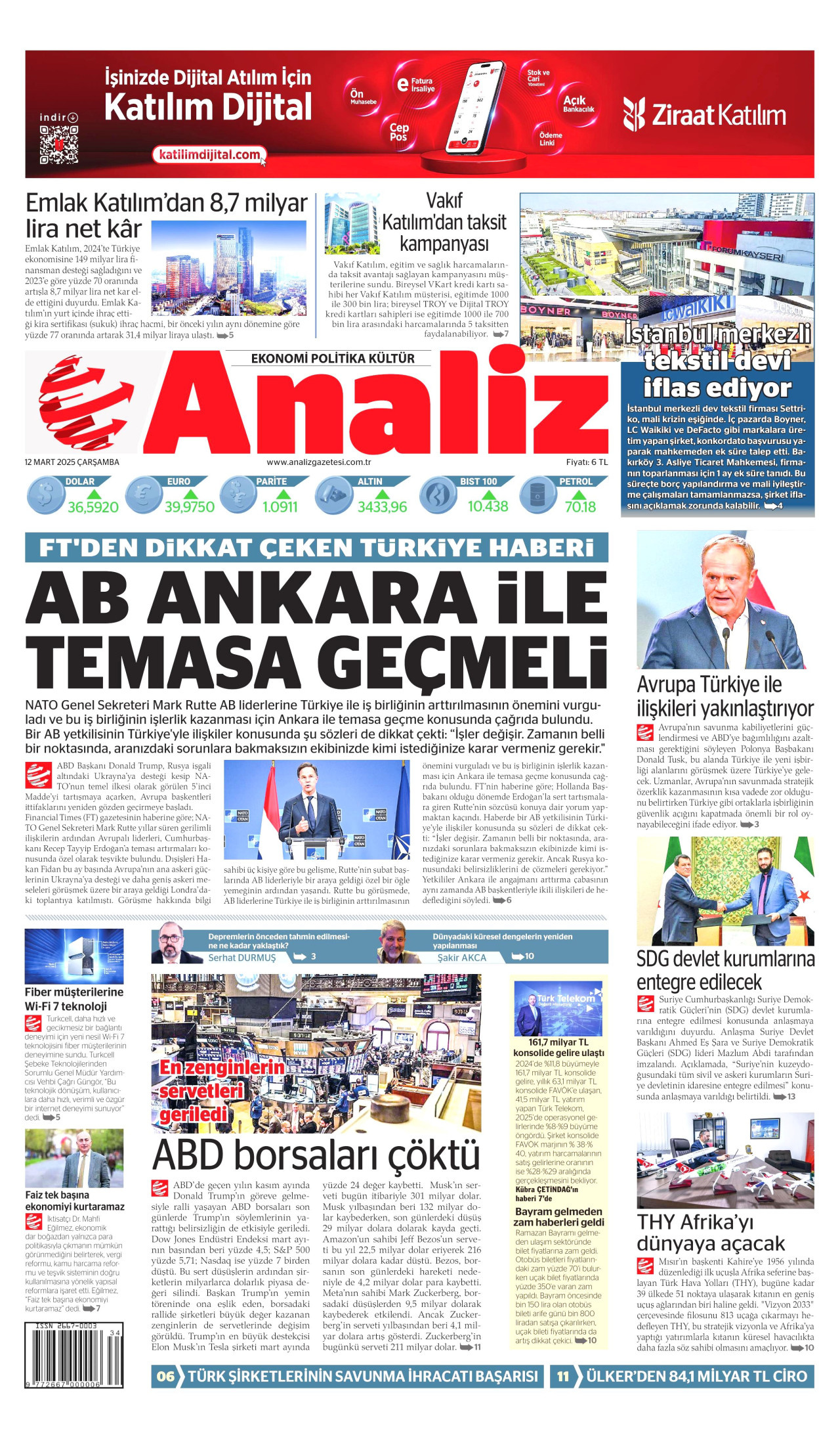 ANALİZ gazetesinin 12 Mart 2025 tarihli birinci sayfası