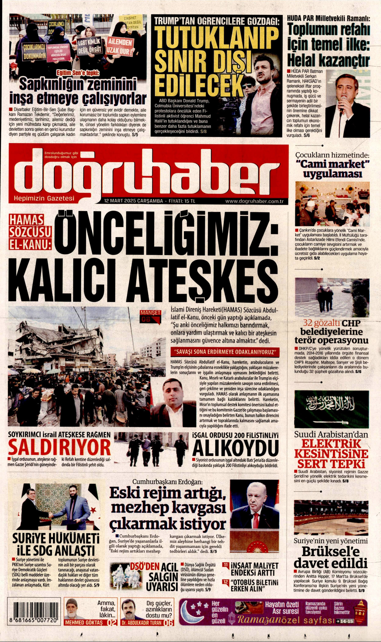DOĞRU HABER gazetesinin 12 Mart 2025 tarihli birinci sayfası