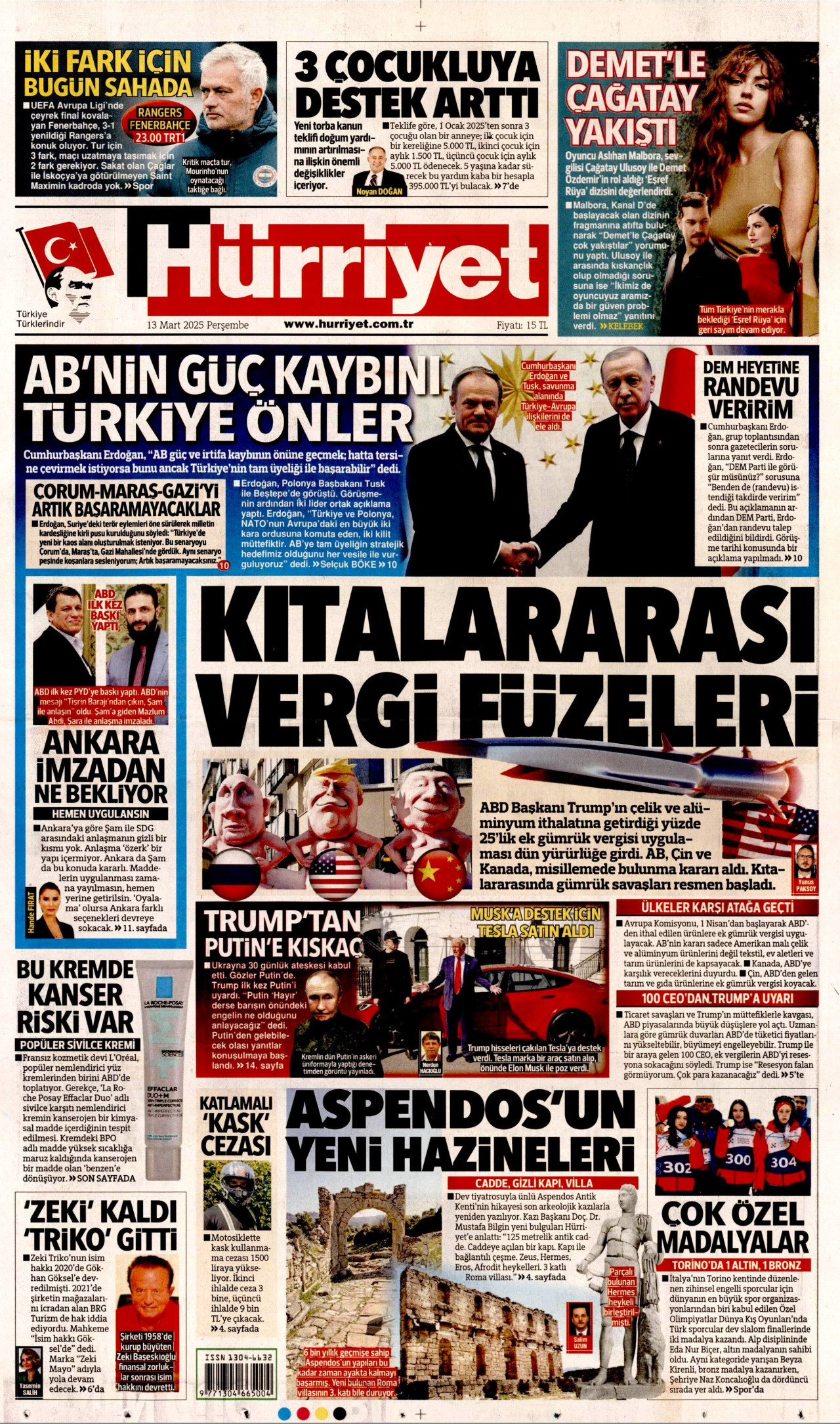 HÜRRİYET gazetesinin 13 Mart 2025 tarihli birinci sayfası