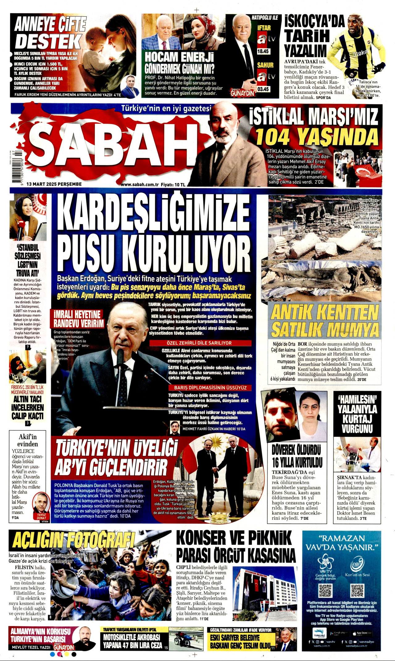 SABAH gazetesinin 13 Mart 2025 tarihli birinci sayfası