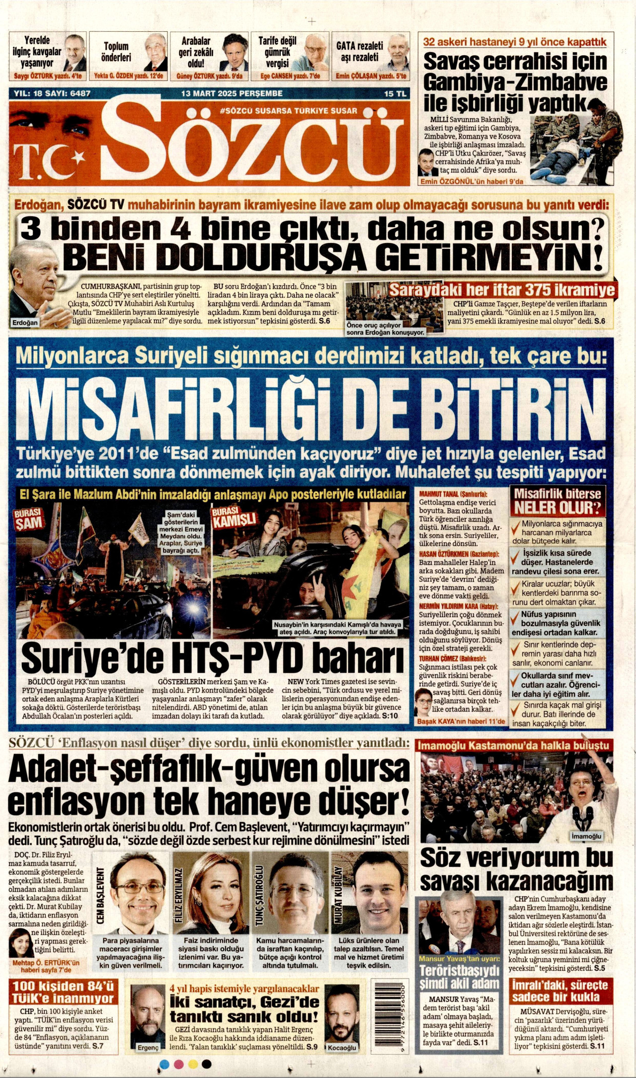 SÖZCÜ gazetesinin 13 Mart 2025 tarihli birinci sayfası