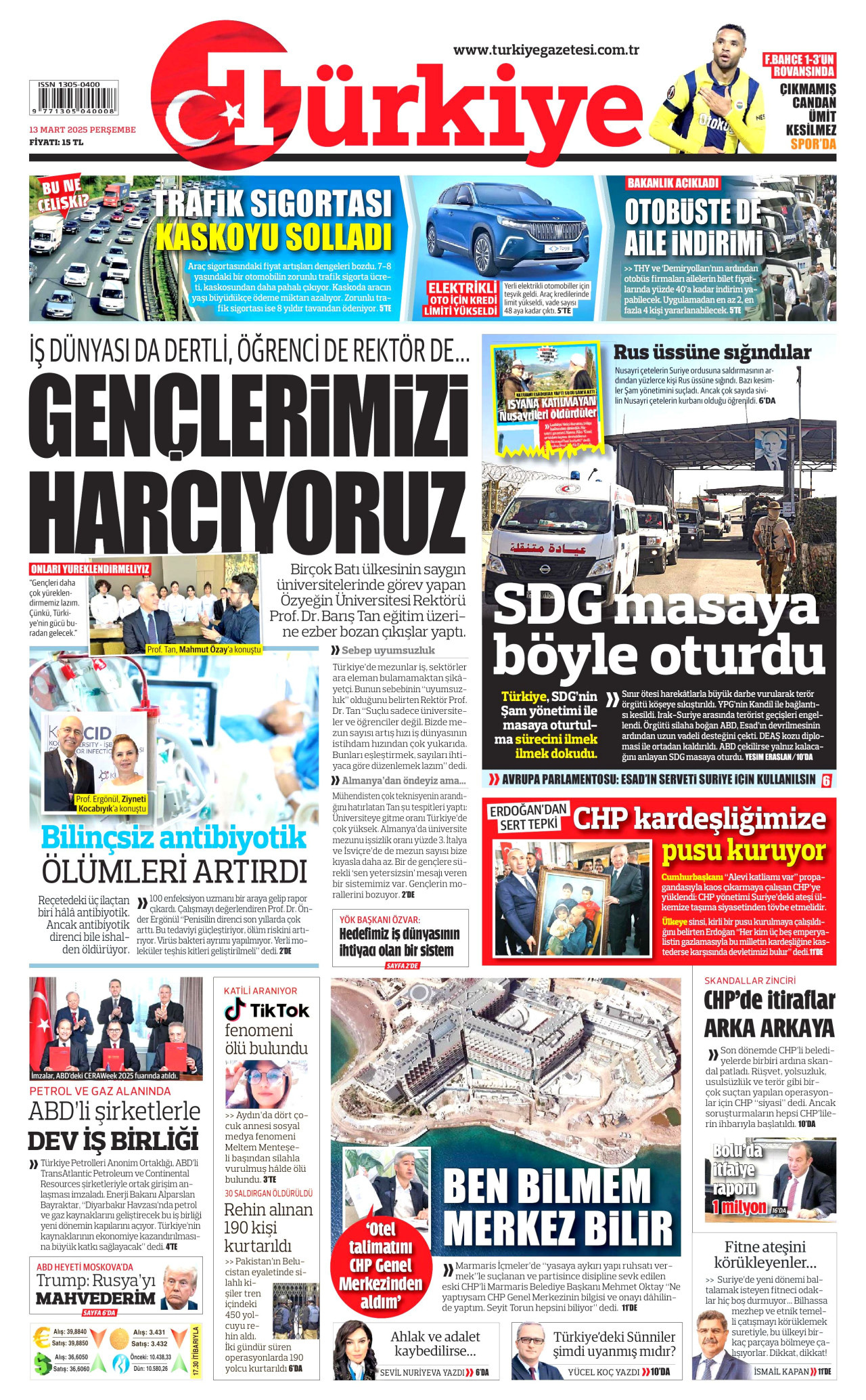 TÜRKİYE GAZETESİ gazetesinin 13 Mart 2025 tarihli birinci sayfası