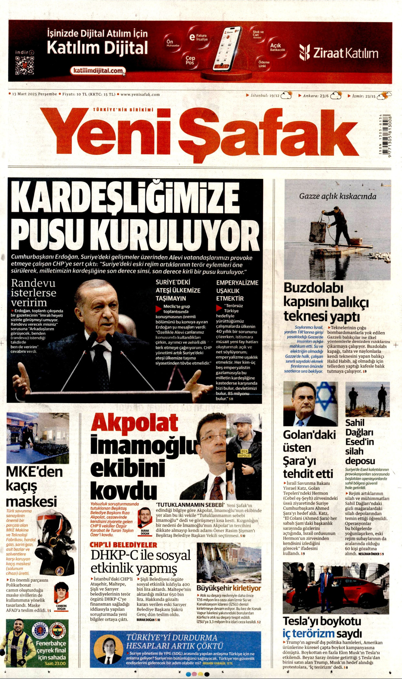 YENİ ŞAFAK gazetesinin 13 Mart 2025 tarihli birinci sayfası