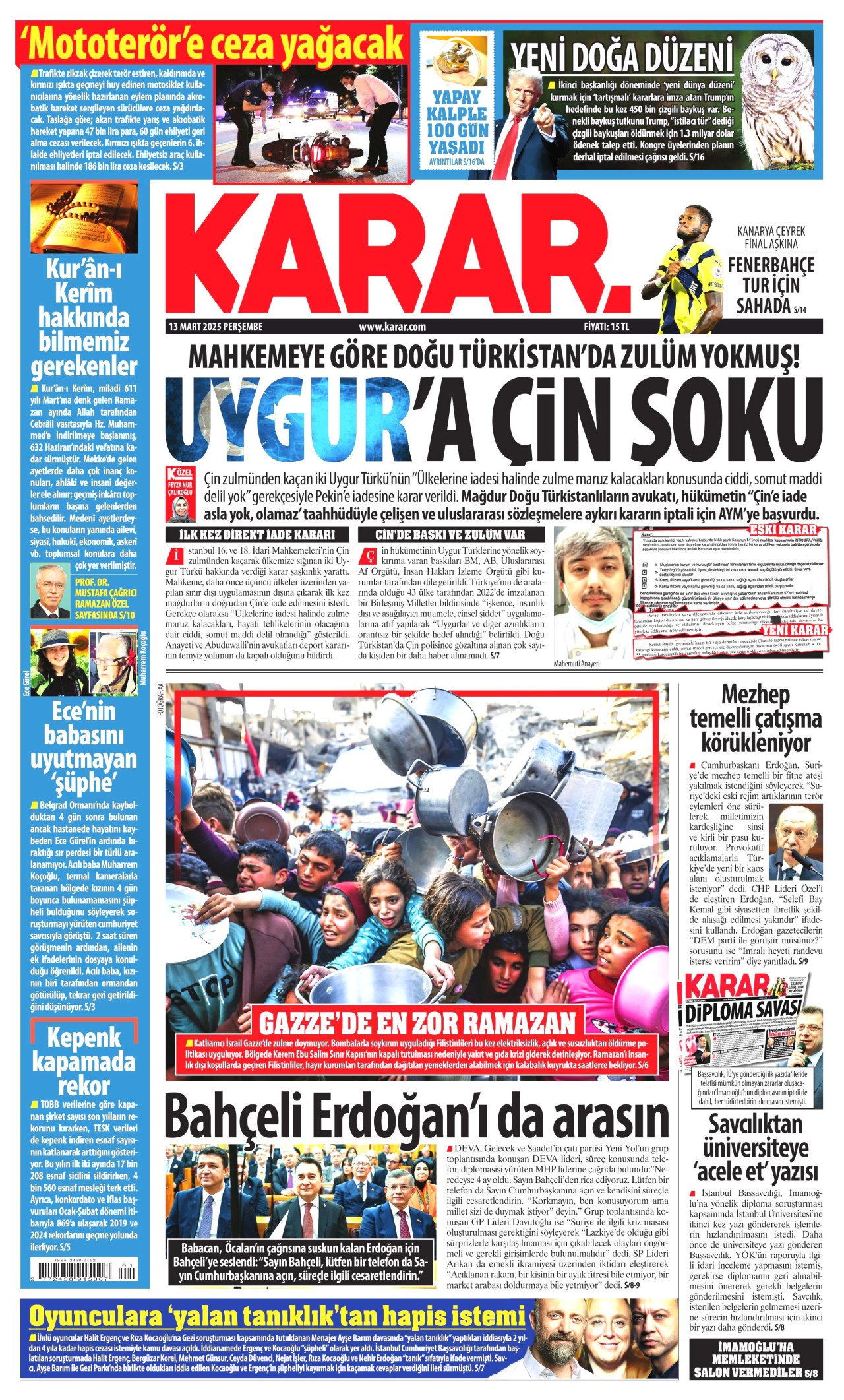 KARAR gazetesinin 13 Mart 2025 tarihli birinci sayfası