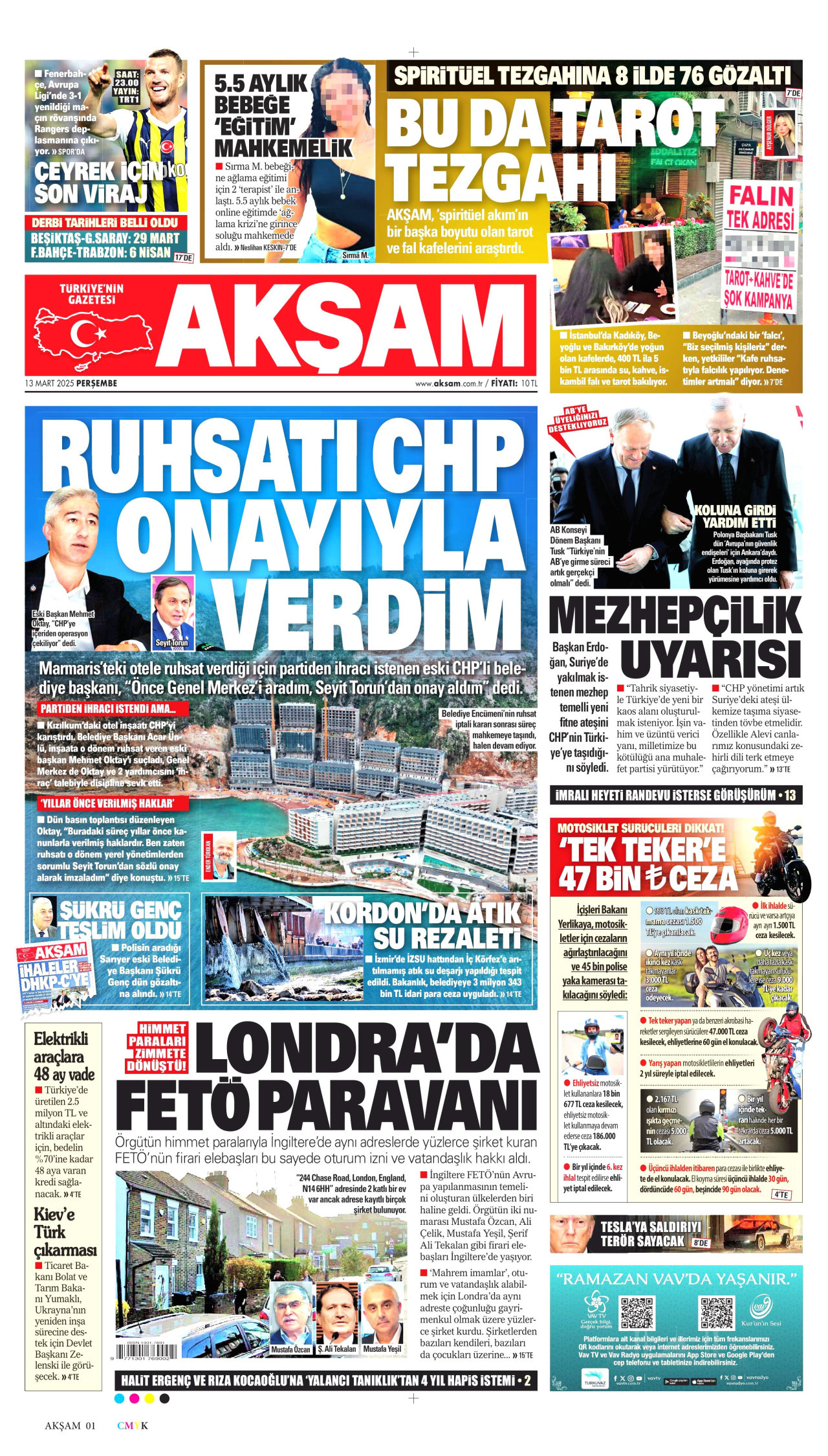 AKŞAM gazetesinin 13 Mart 2025 tarihli birinci sayfası