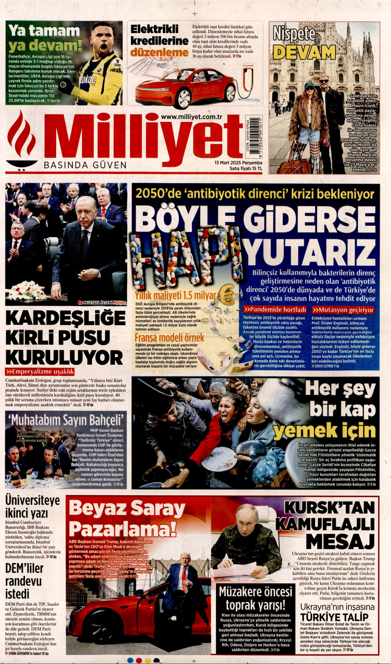 MİLLİYET gazetesinin 13 Mart 2025 tarihli birinci sayfası