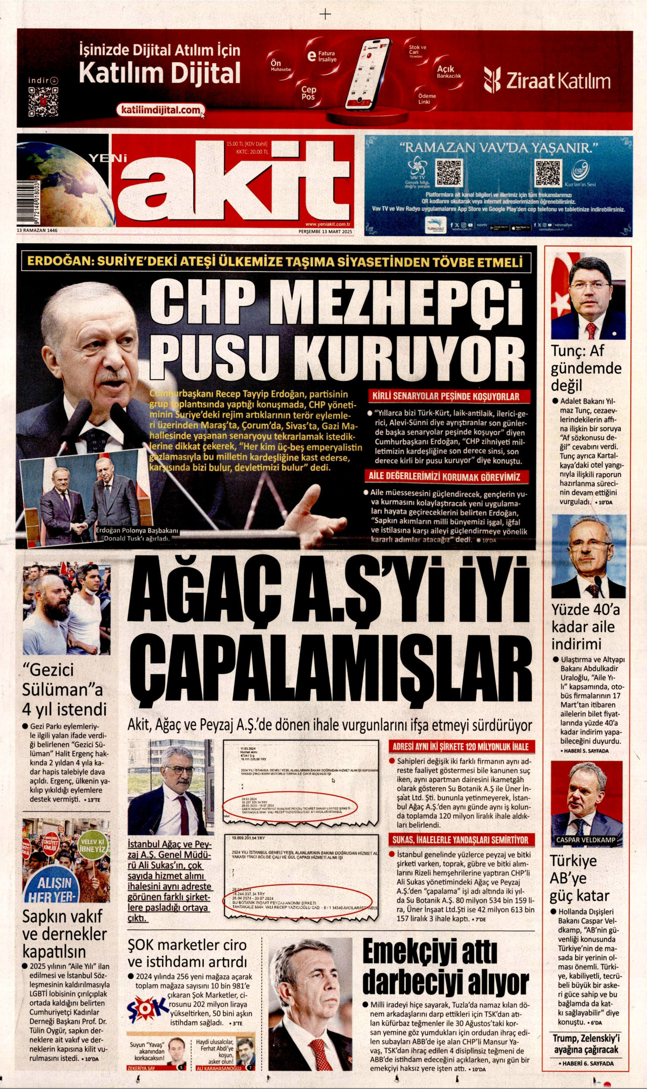 YENİ AKİT gazetesinin 13 Mart 2025 tarihli birinci sayfası
