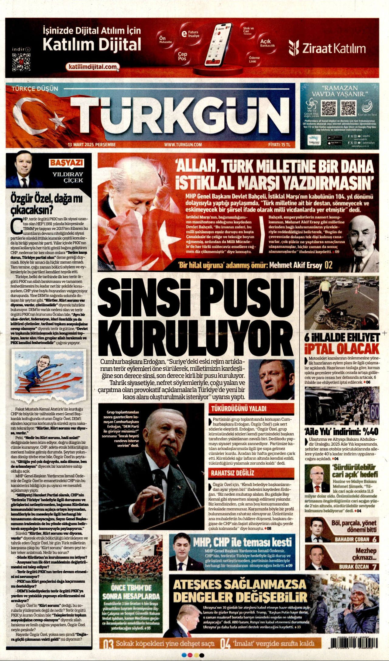 TÜRKGÜN gazetesinin 13 Mart 2025 tarihli birinci sayfası