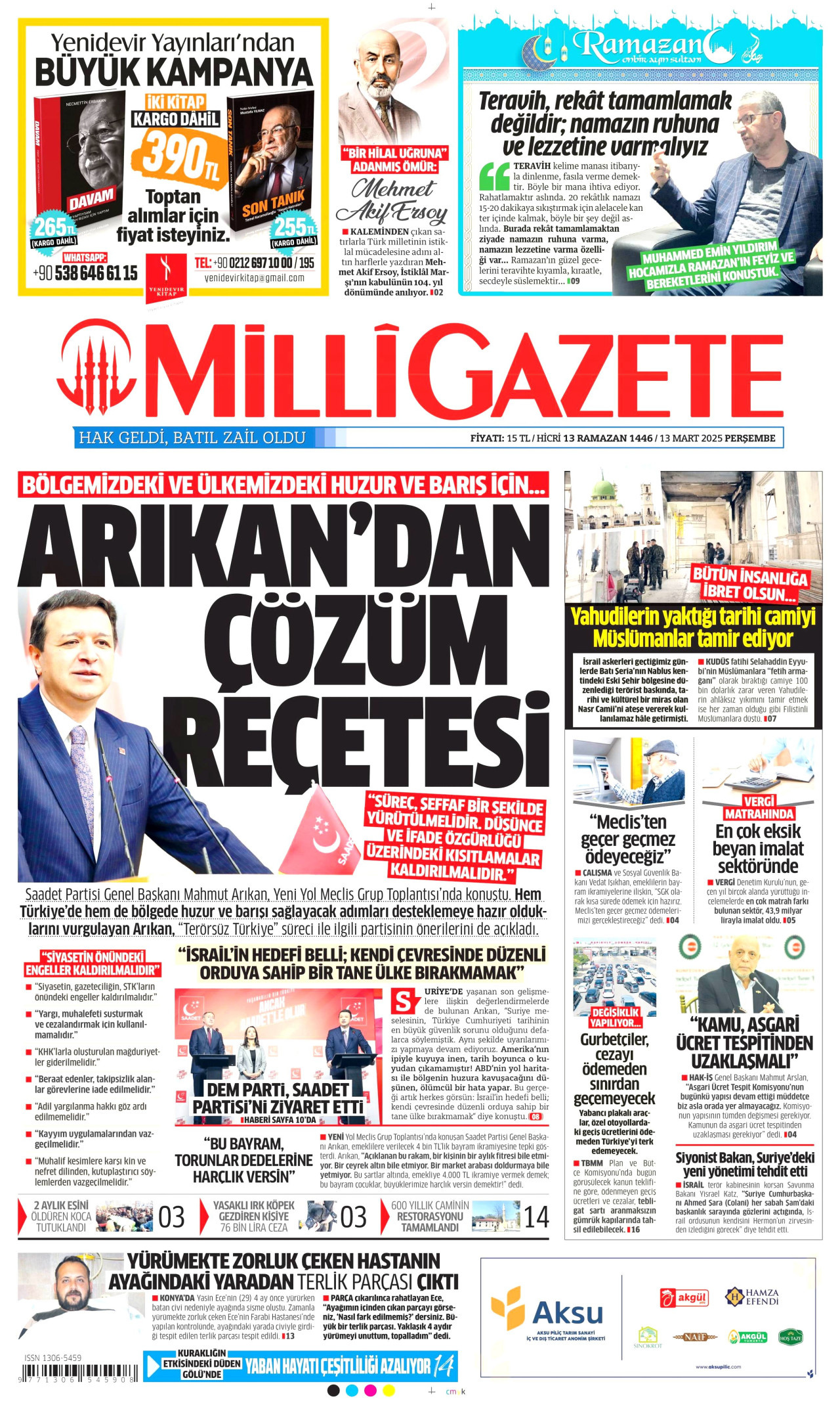 MİLLİ GAZETE gazetesinin 13 Mart 2025 tarihli birinci sayfası