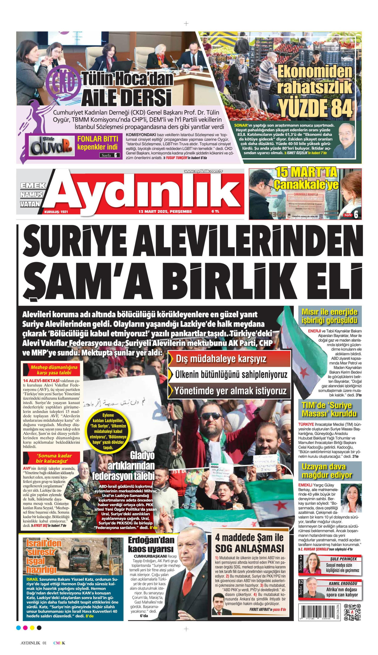 AYDINLIK GAZETESİ gazetesinin 13 Mart 2025 tarihli birinci sayfası