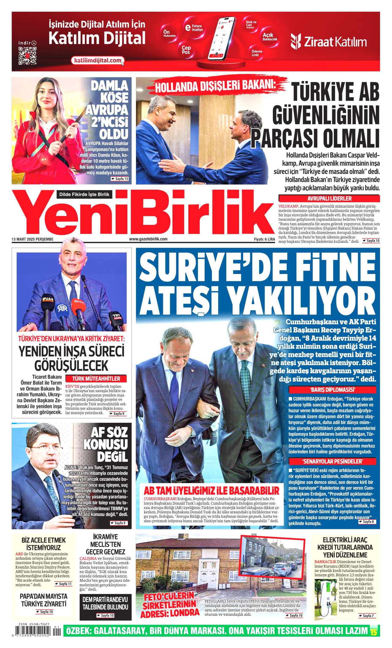 YENİBİRLİK gazetesinin 13 Mart 2025 tarihli birinci sayfası