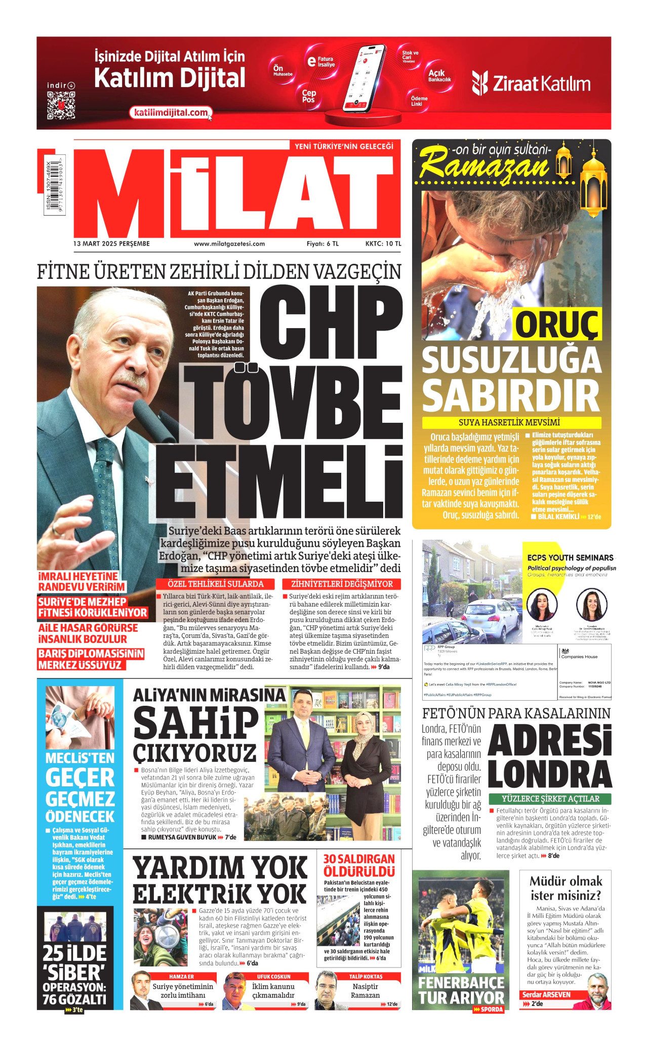 MİLAT gazetesinin 13 Mart 2025 tarihli birinci sayfası