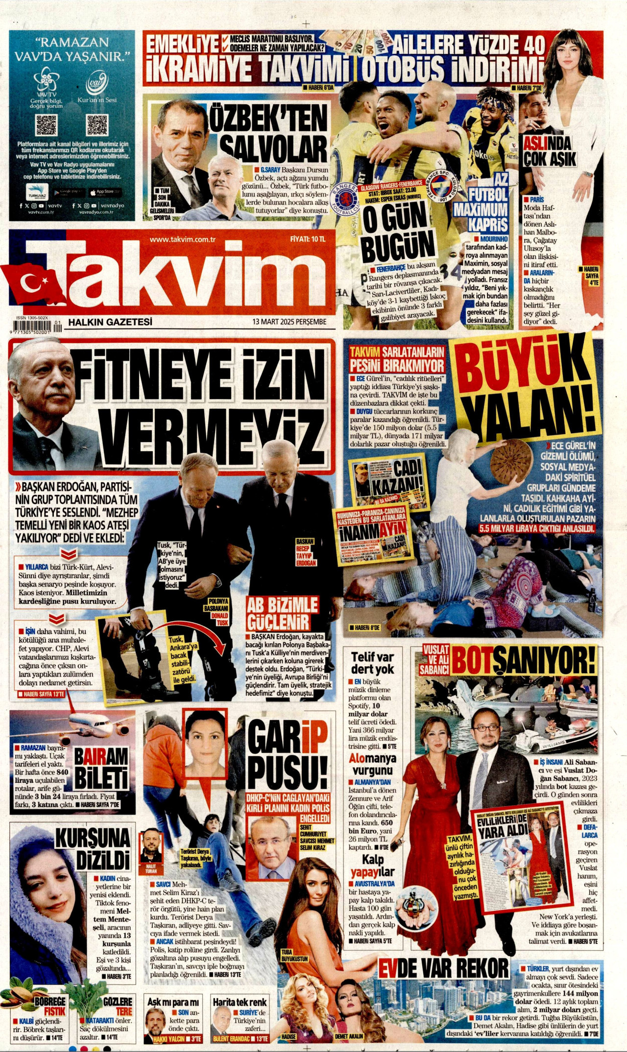 TAKVİM gazetesinin 13 Mart 2025 tarihli birinci sayfası