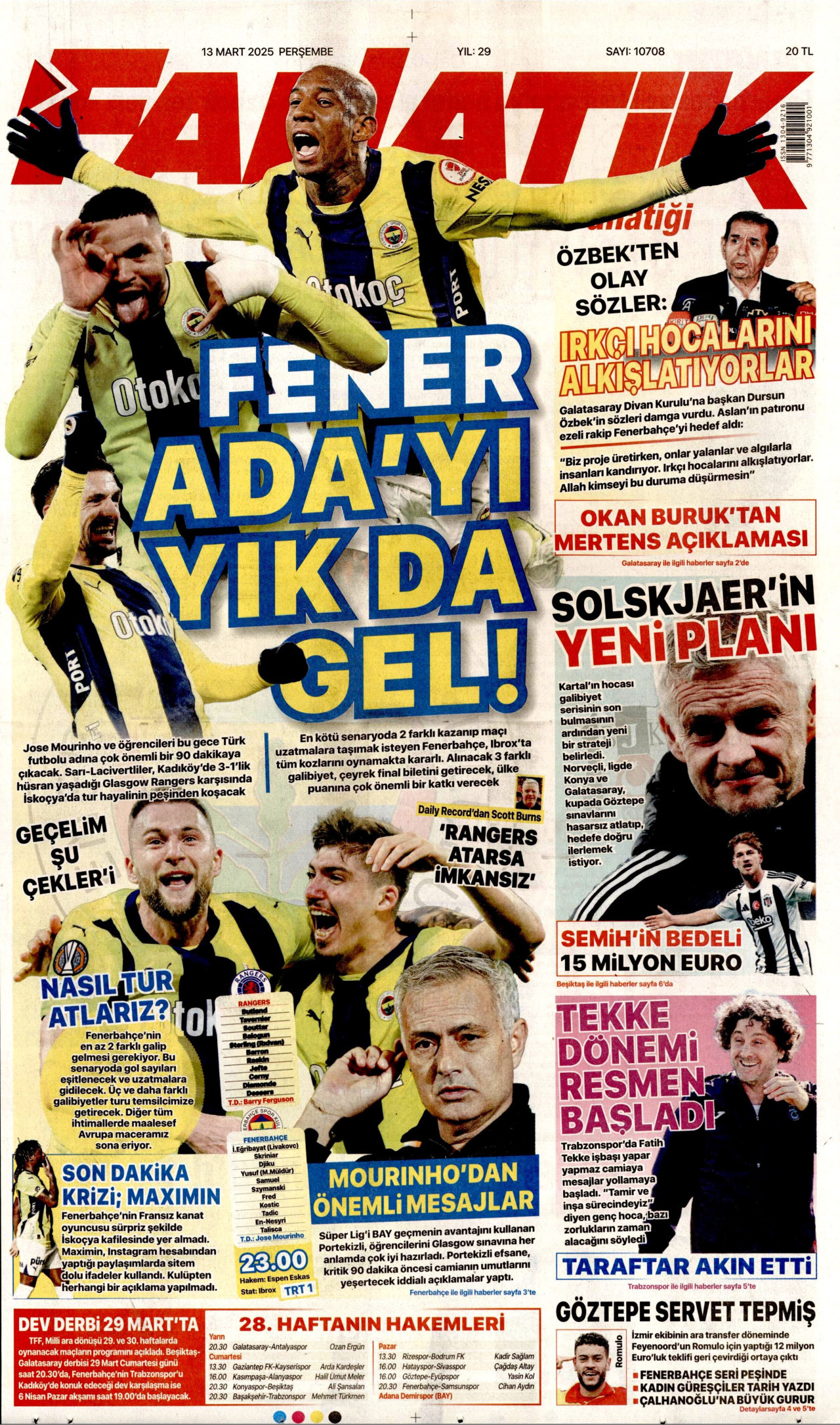 FANATİK gazetesinin 13 Mart 2025 tarihli birinci sayfası