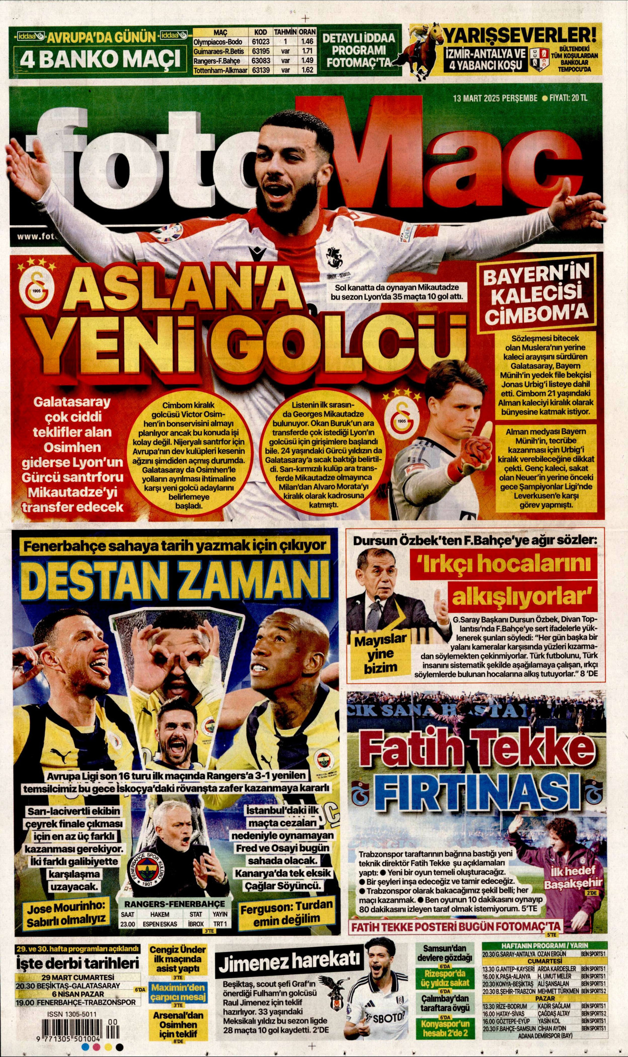 FOTOMAÇ gazetesinin 13 Mart 2025 tarihli birinci sayfası