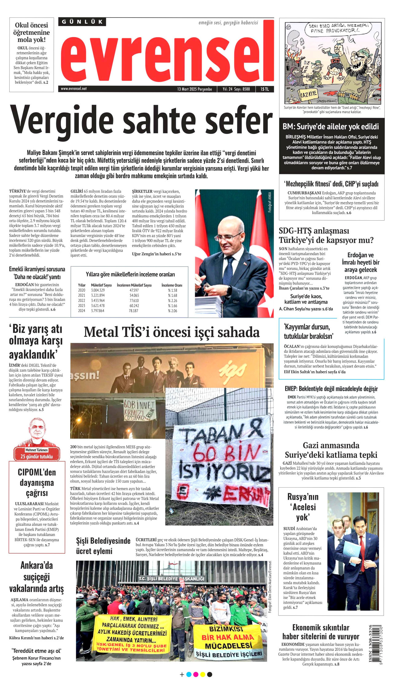 EVRENSEL gazetesinin 13 Mart 2025 tarihli birinci sayfası