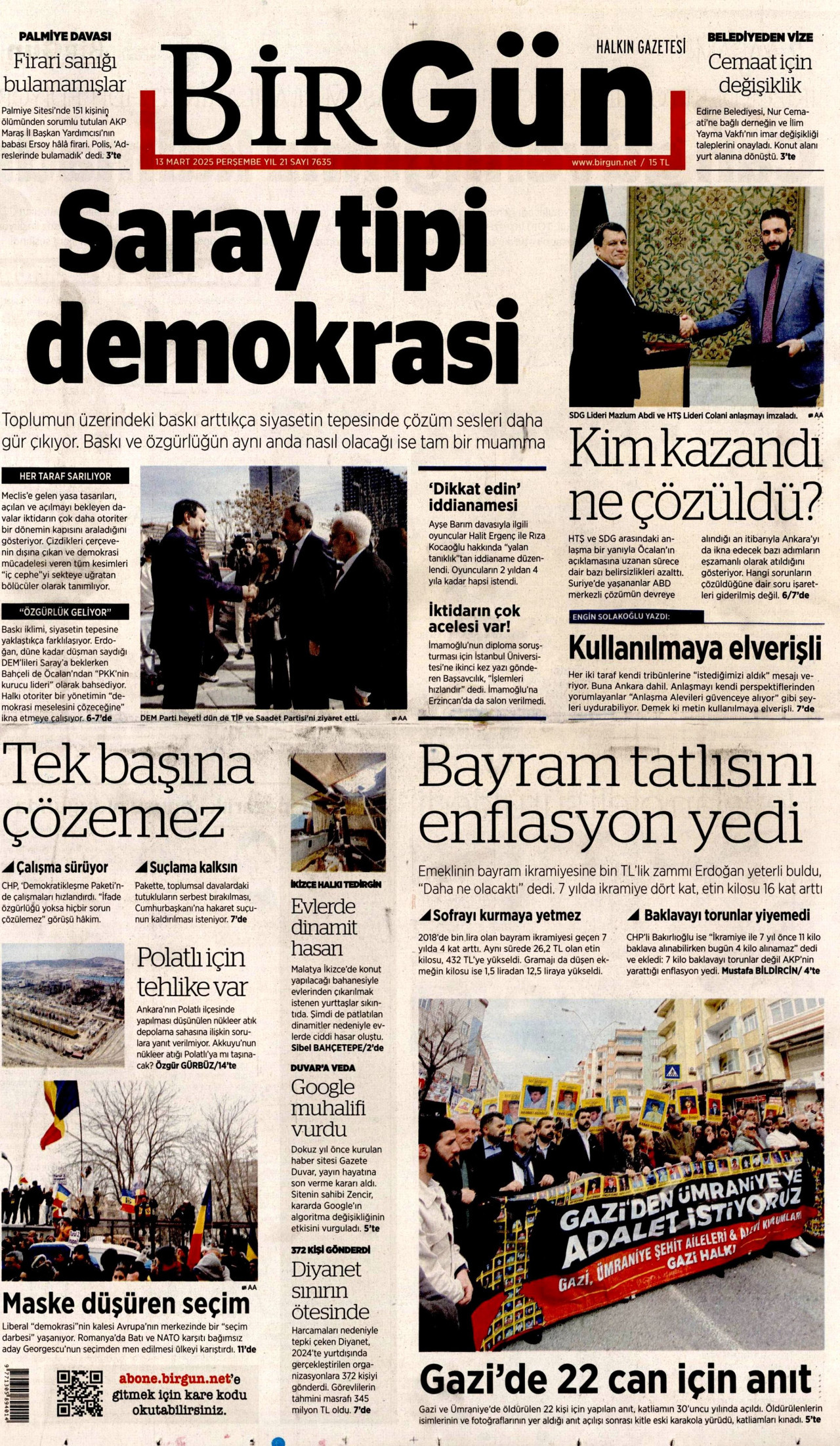 BİRGÜN gazetesinin 13 Mart 2025 tarihli birinci sayfası