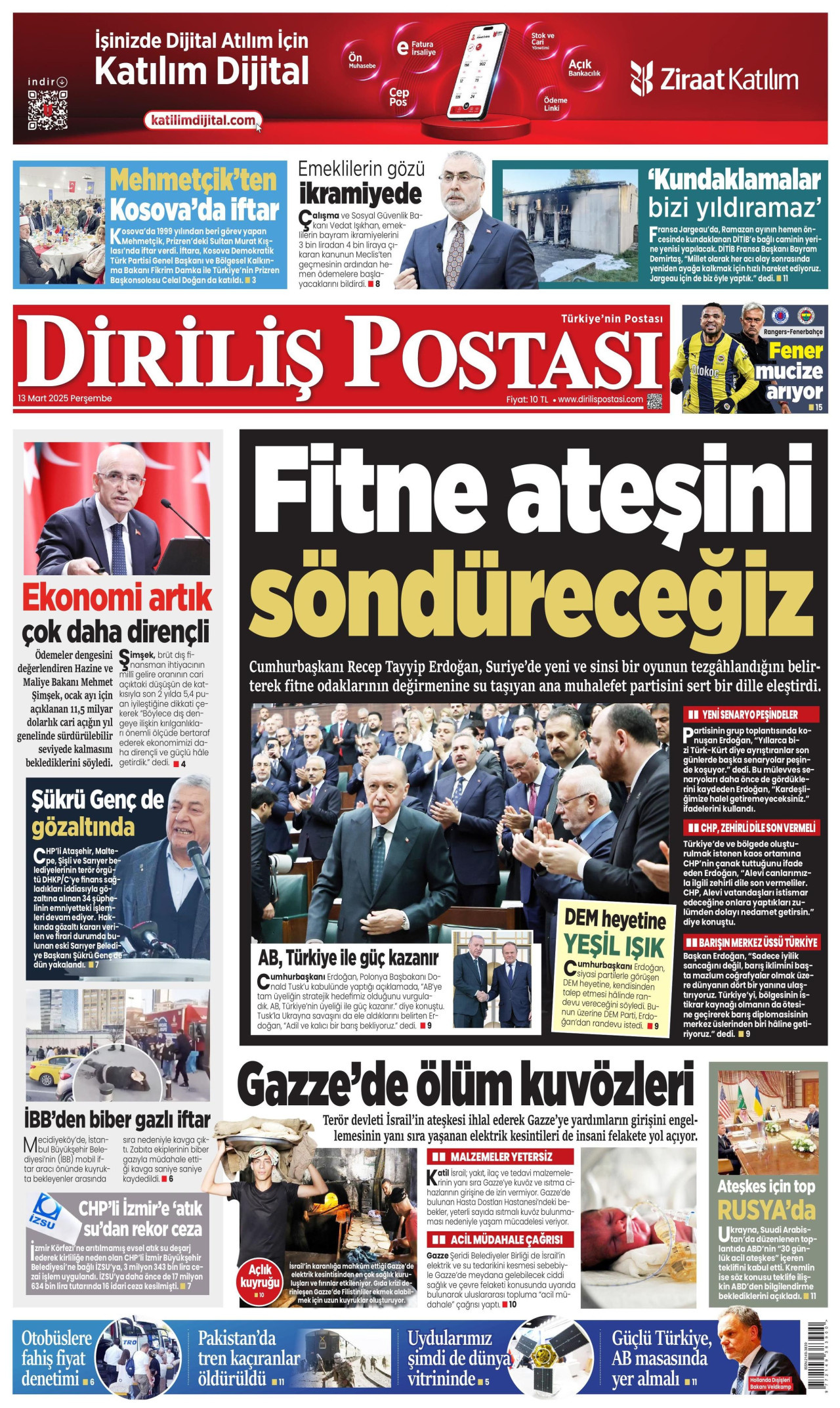 DİRİLİŞ POSTASI gazetesinin 13 Mart 2025 tarihli birinci sayfası