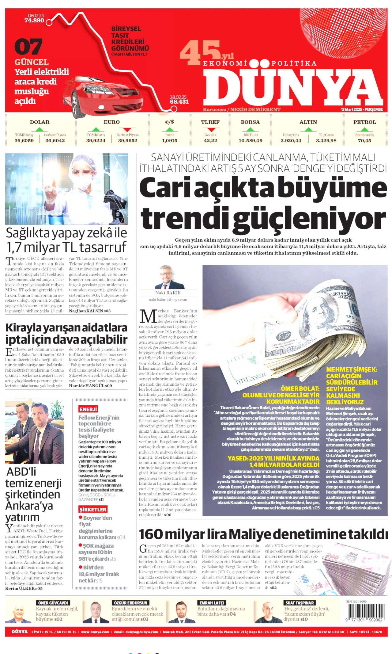 DÜNYA gazetesinin 13 Mart 2025 tarihli birinci sayfası