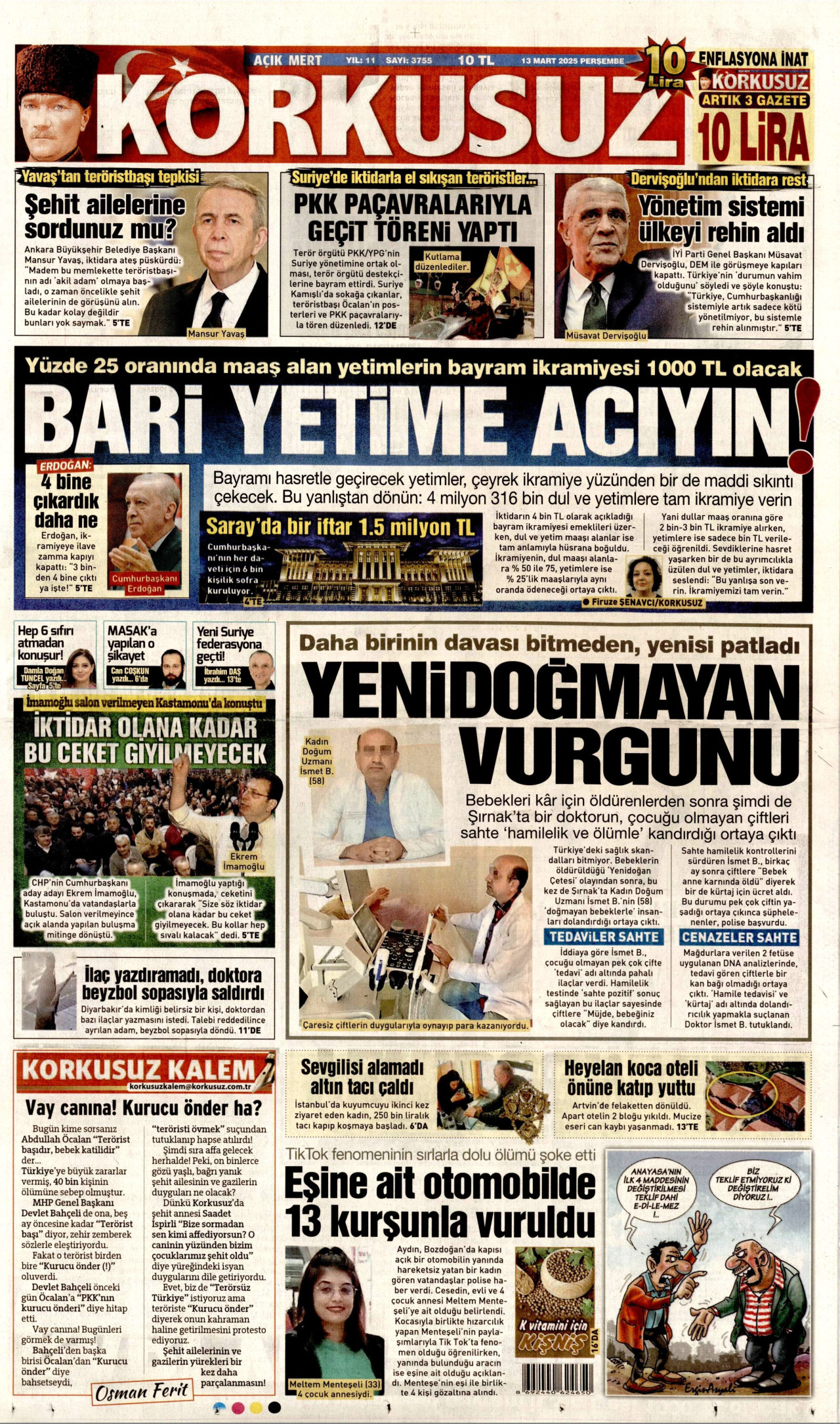 KORKUSUZ gazetesinin 13 Mart 2025 tarihli birinci sayfası