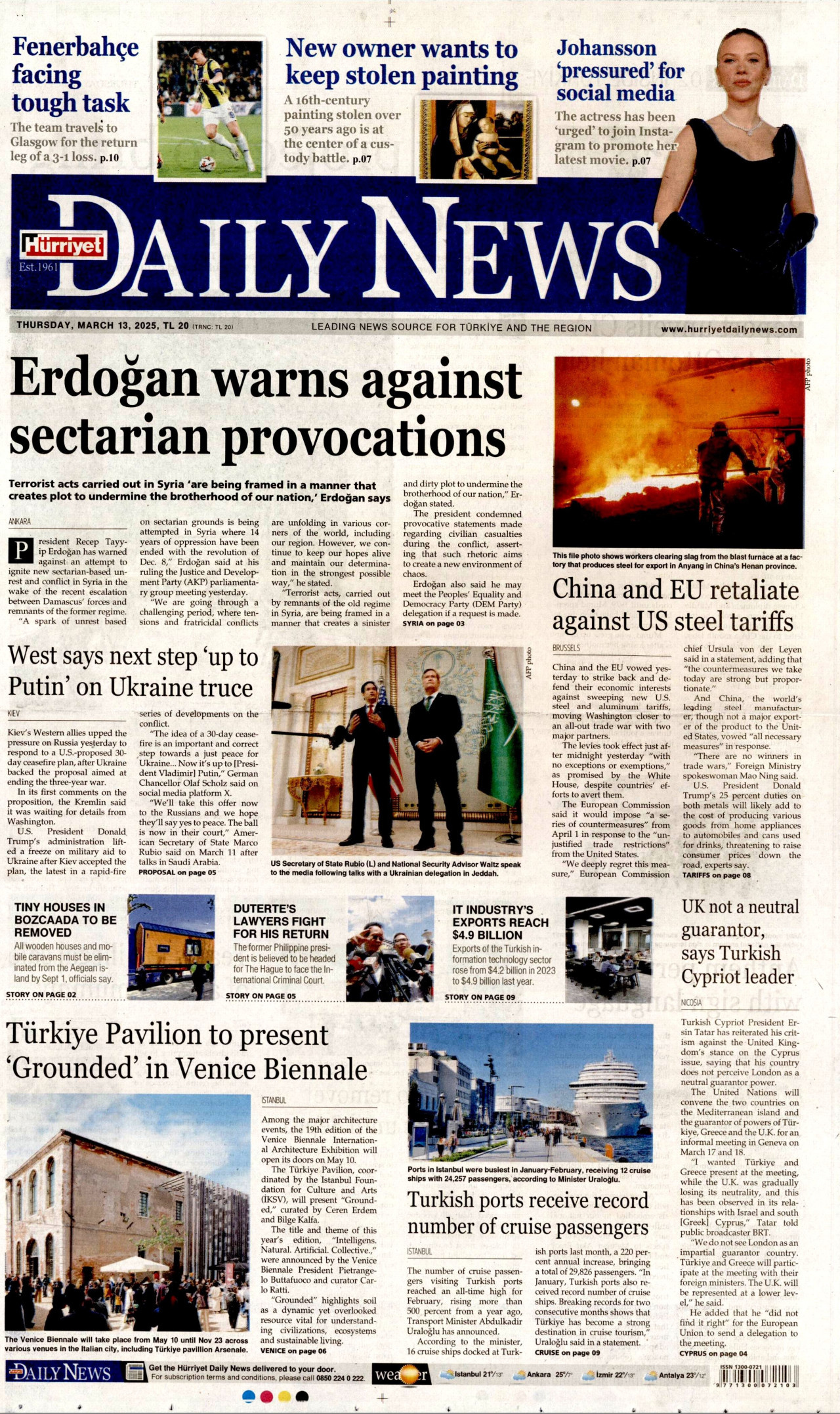 HÜRRİYET DAİLY NEWS gazetesinin 13 Mart 2025 tarihli birinci sayfası