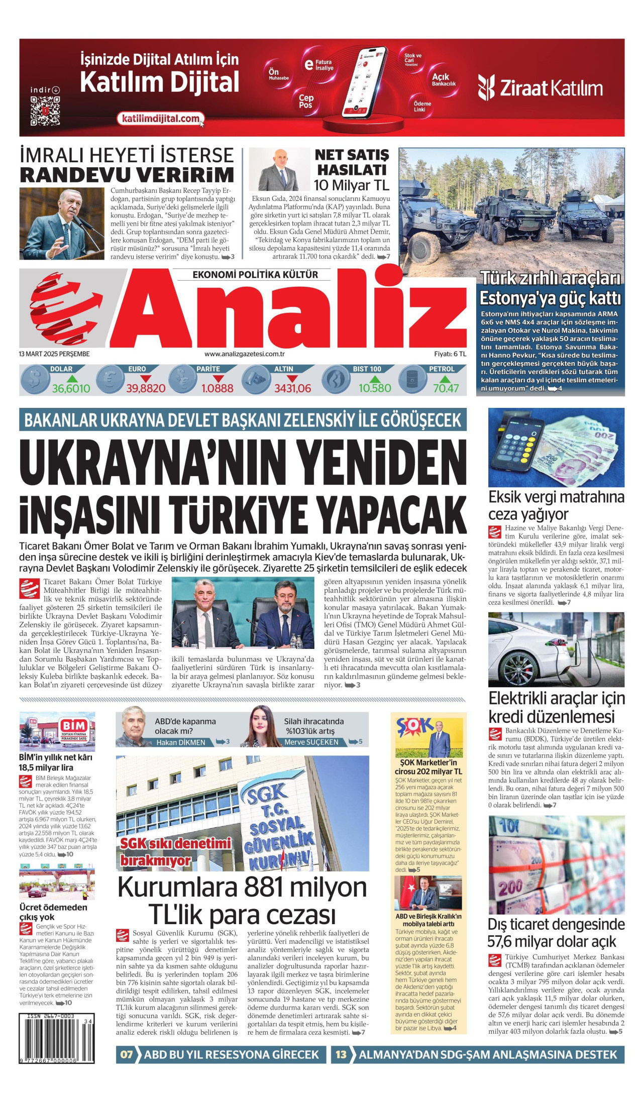 ANALİZ gazetesinin 13 Mart 2025 tarihli birinci sayfası