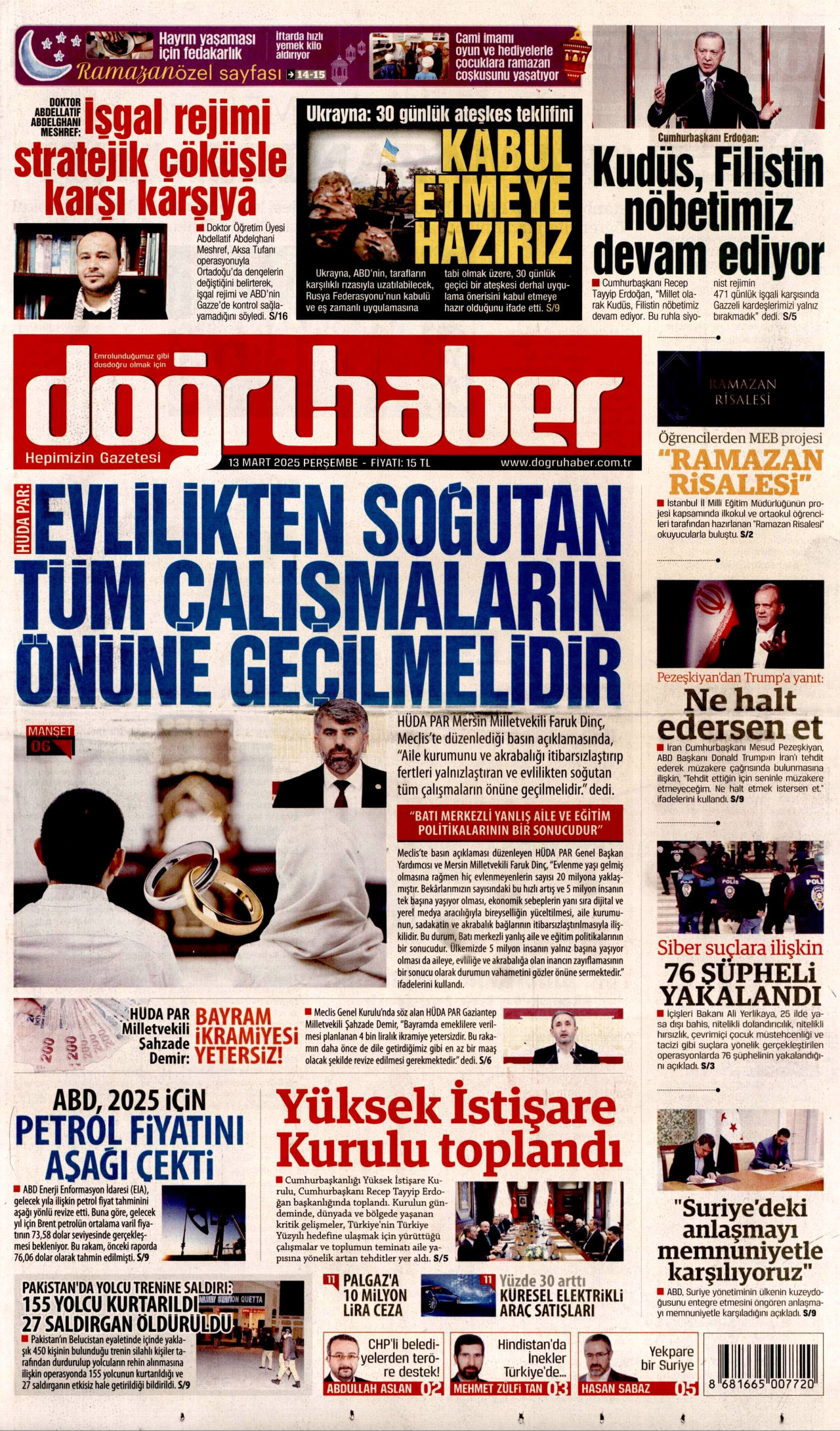 DOĞRU HABER gazetesinin 13 Mart 2025 tarihli birinci sayfası
