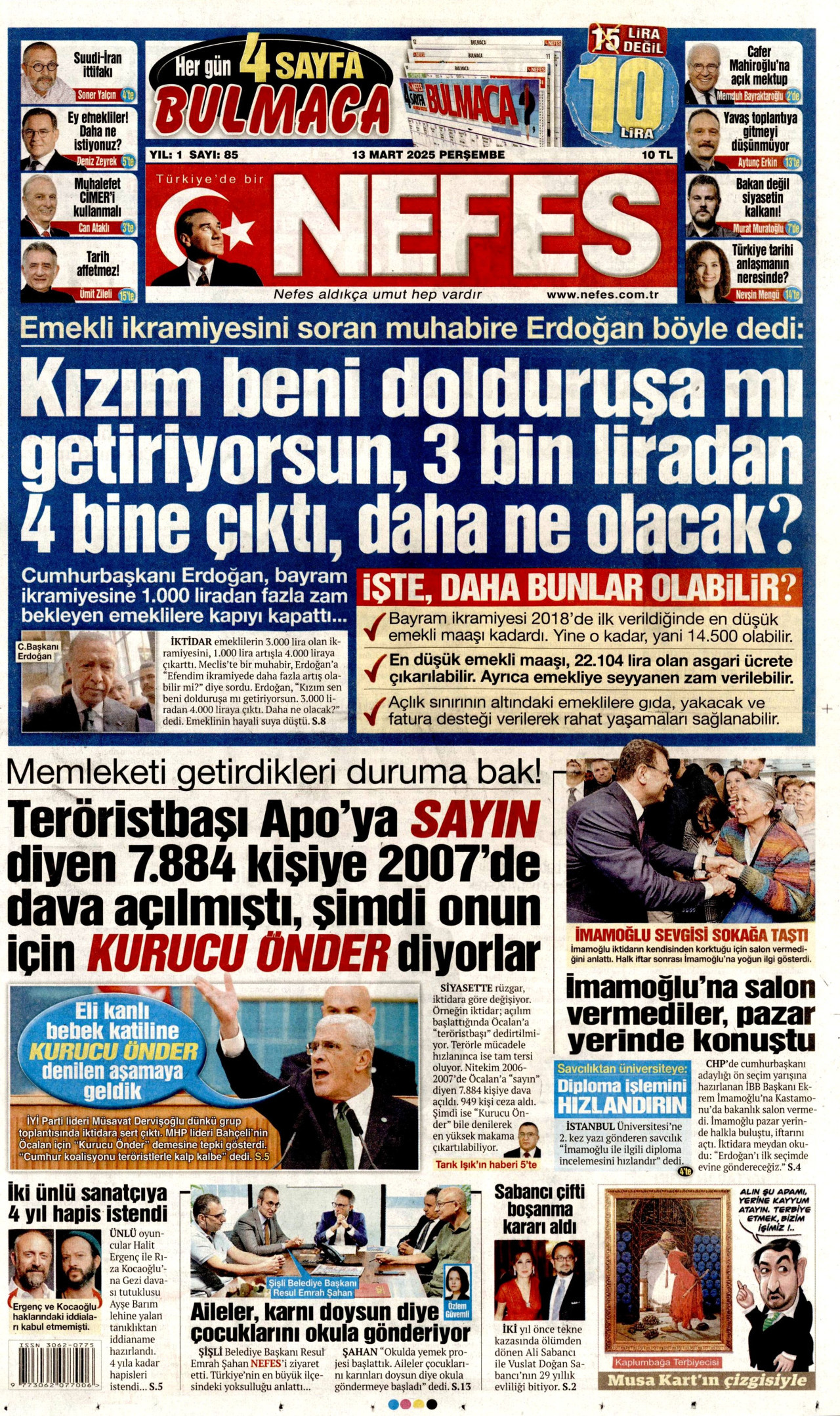 NEFES gazetesinin 13 Mart 2025 tarihli birinci sayfası