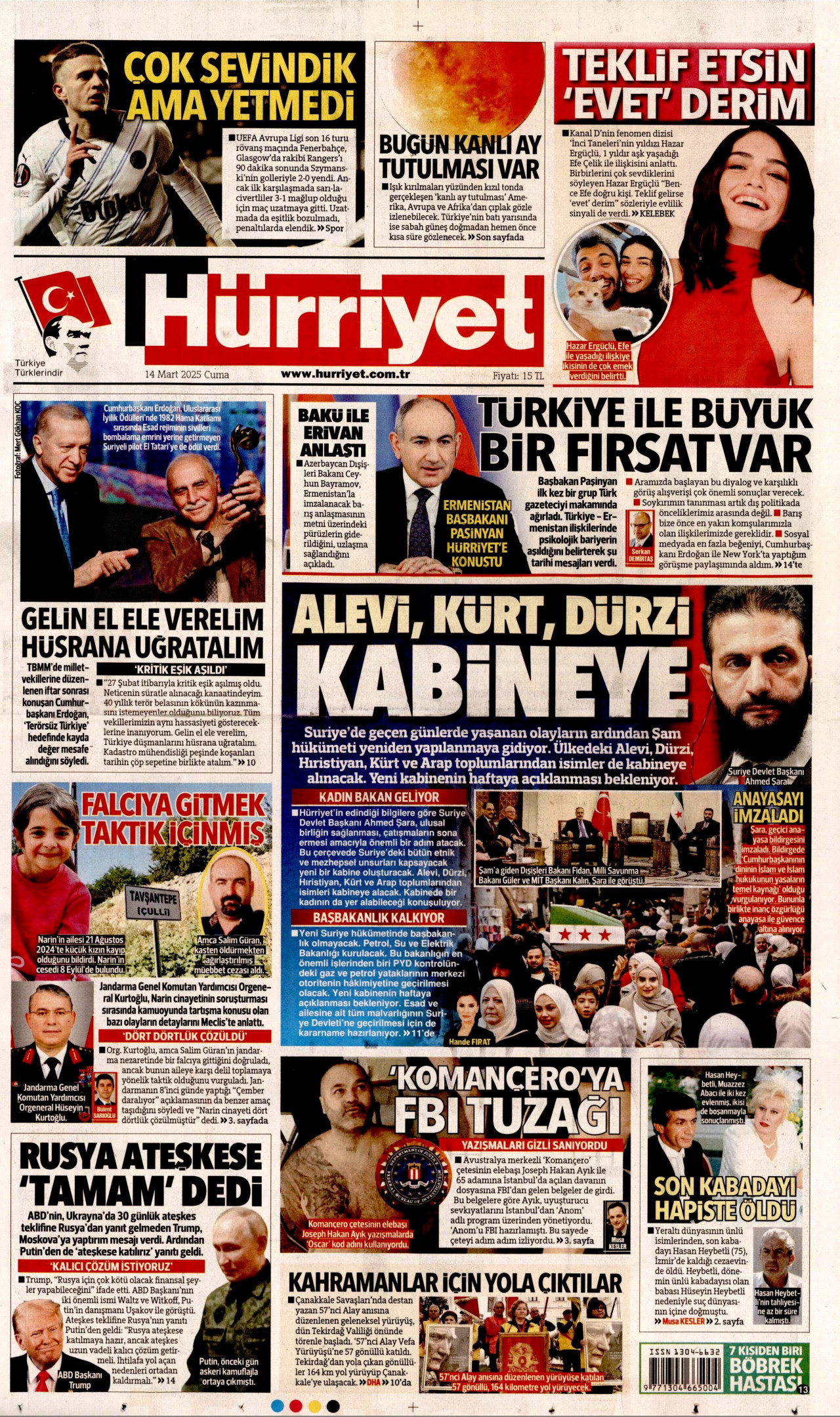 HÜRRİYET gazetesinin 14 Mart 2025 tarihli birinci sayfası