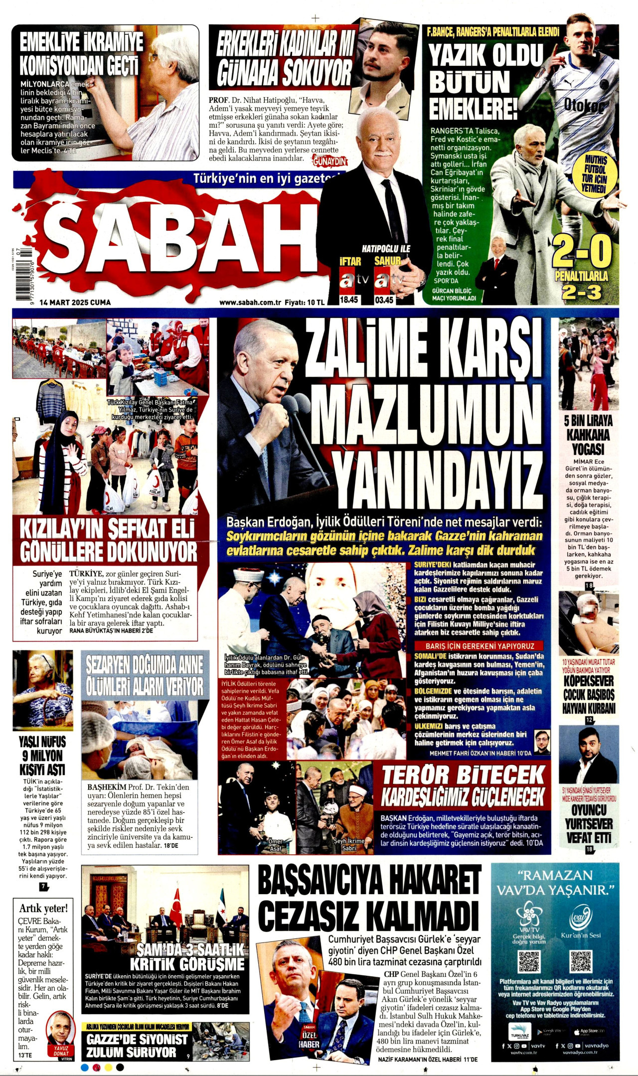 SABAH gazetesinin 14 Mart 2025 tarihli birinci sayfası