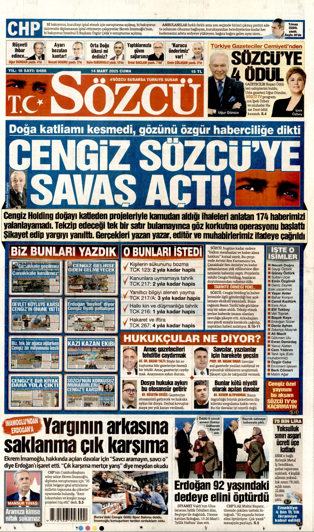 SÖZCÜ gazetesinin 14 Mart 2025 tarihli birinci sayfası
