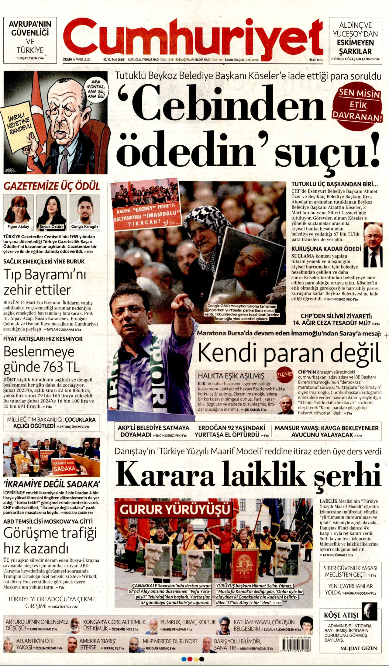 CUMHURİYET gazetesinin 14 Mart 2025 tarihli birinci sayfası