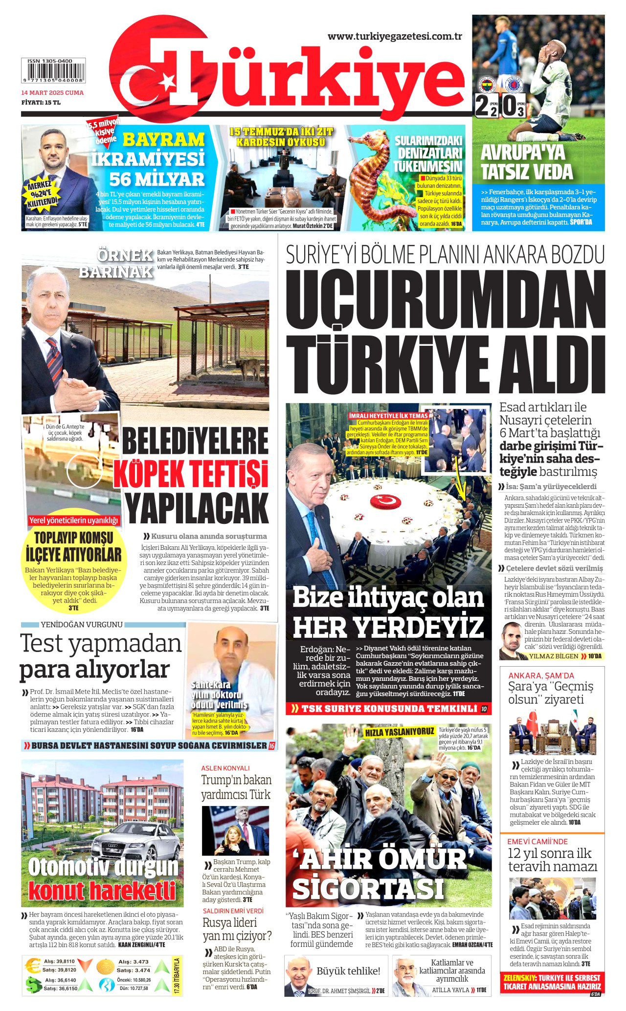 TÜRKİYE GAZETESİ gazetesinin 14 Mart 2025 tarihli birinci sayfası