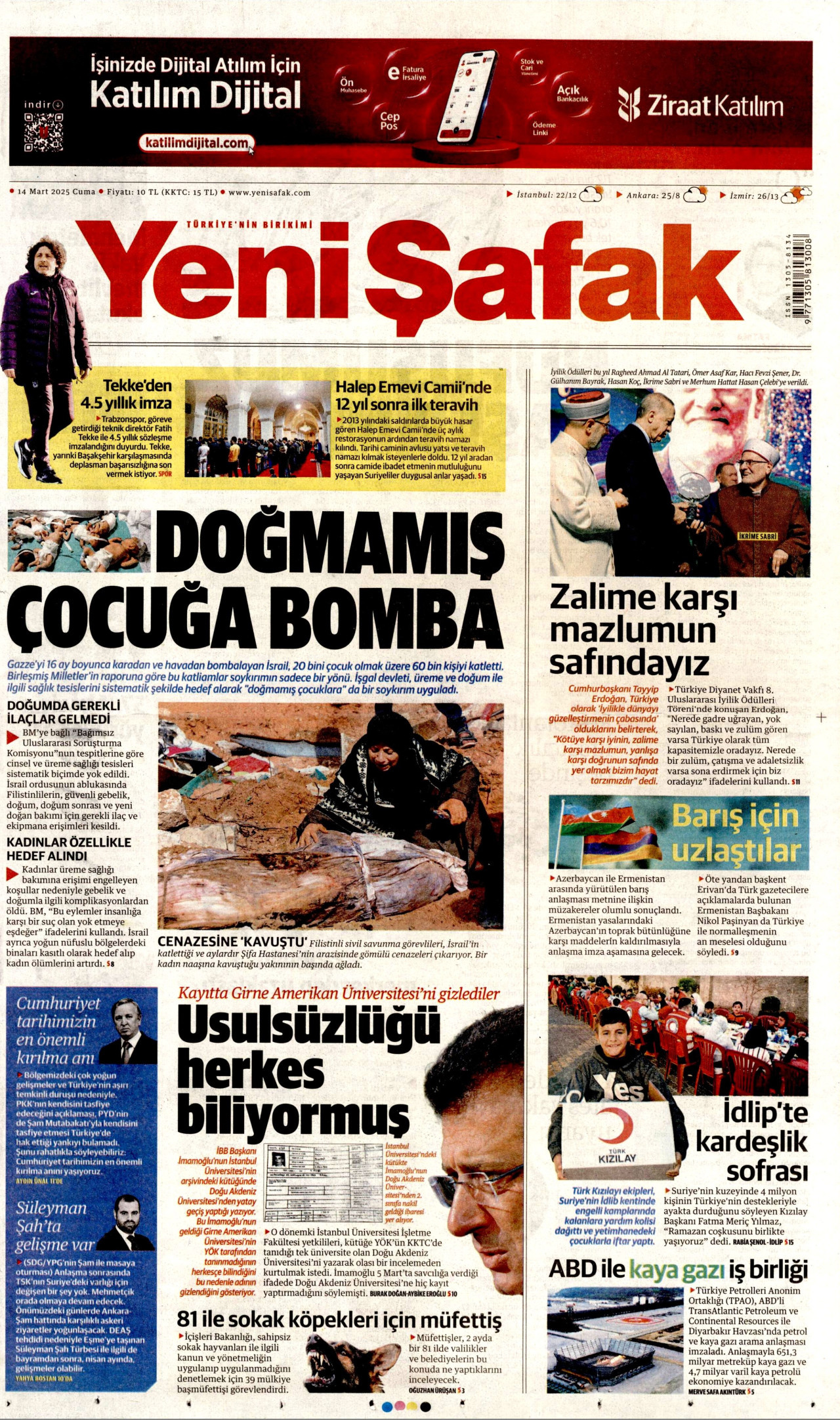 YENİ ŞAFAK gazetesinin 14 Mart 2025 tarihli birinci sayfası