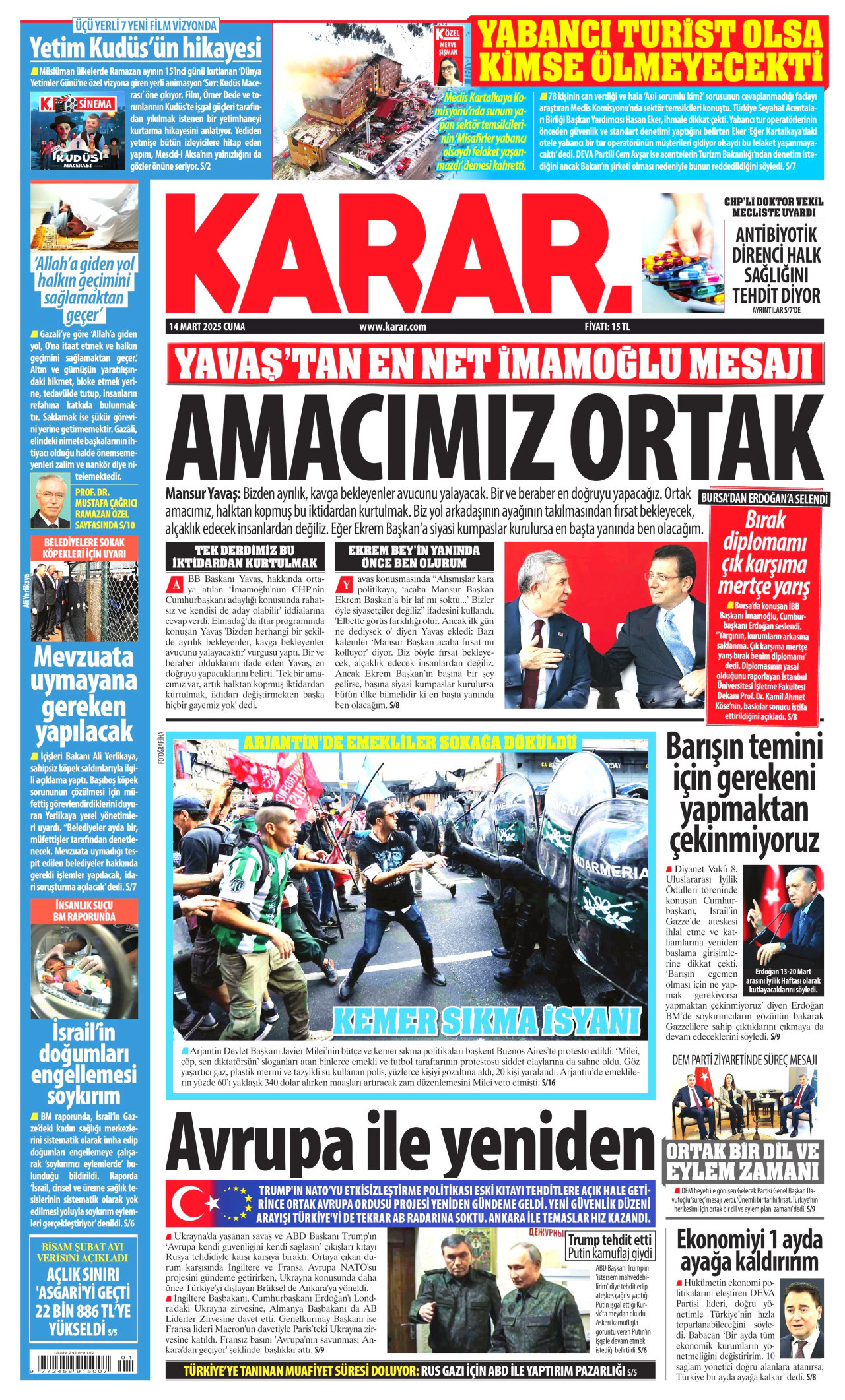 KARAR gazetesinin 14 Mart 2025 tarihli birinci sayfası