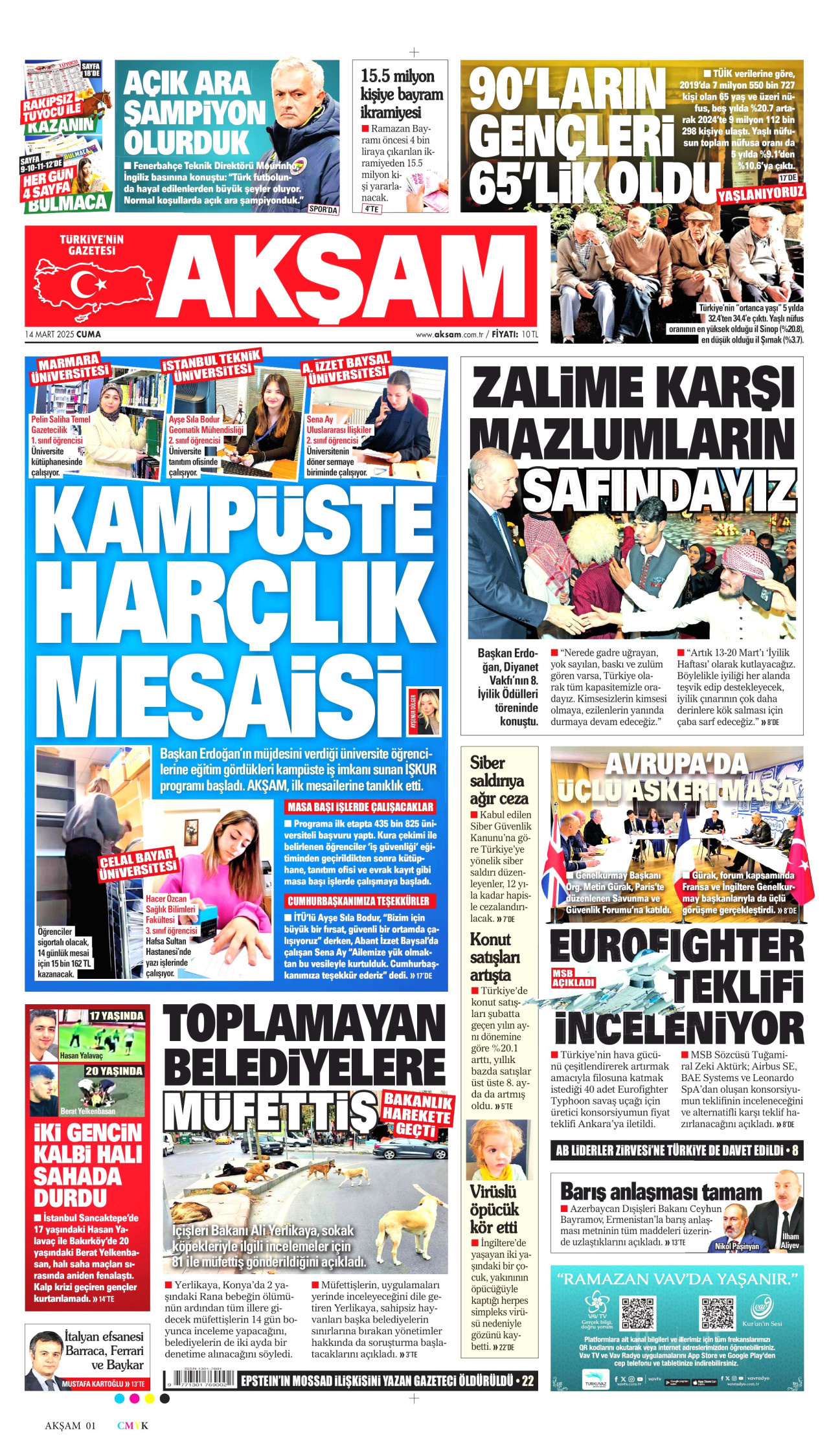 AKŞAM gazetesinin 14 Mart 2025 tarihli birinci sayfası